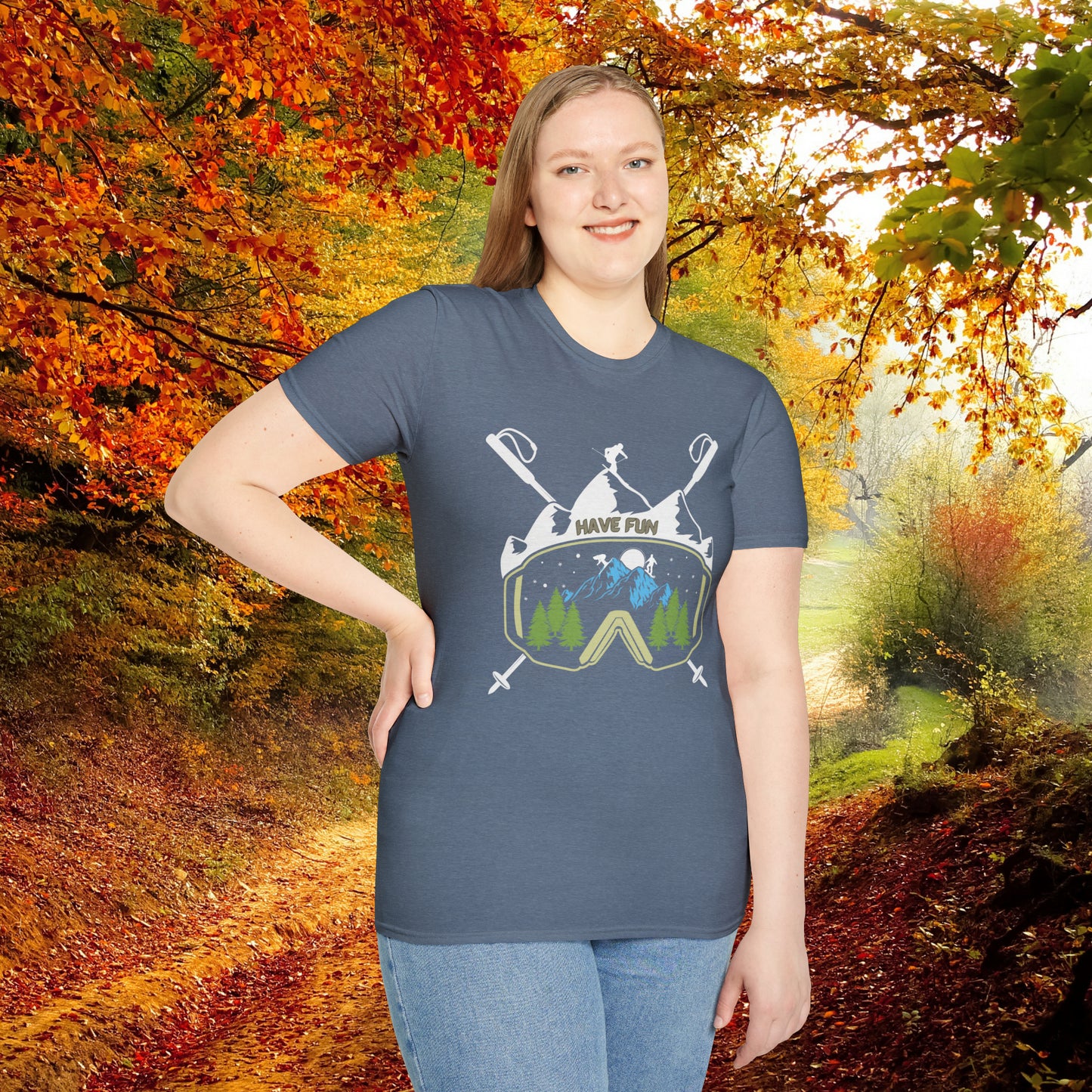 Winter fun! Go ski, snowboard and enjoy all that powder! This is a Unisex Softstyle T-Shirt.
