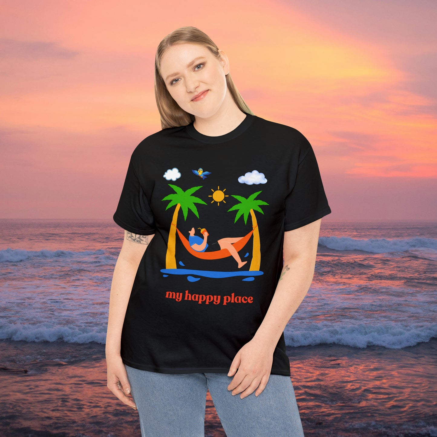 Is the beach your happy place? This is the shirt for you if it is. This Unisex Heavy Cotton Tee makes for a great gift or get one to enjoy yourself.