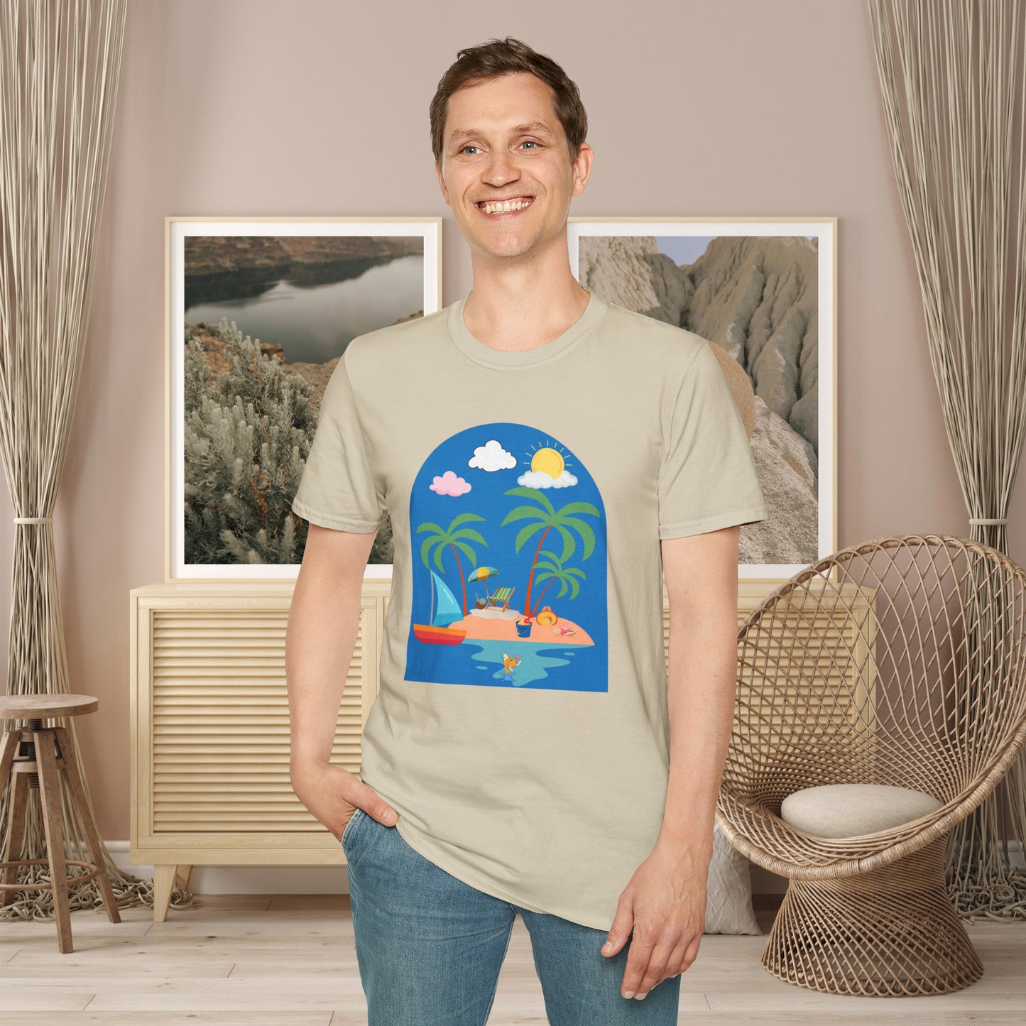 Do you smile when you think of being on an island with the sun, sand and breeze embracing you? This Unisex Softstyle T-Shirt is made for that beach loving person.