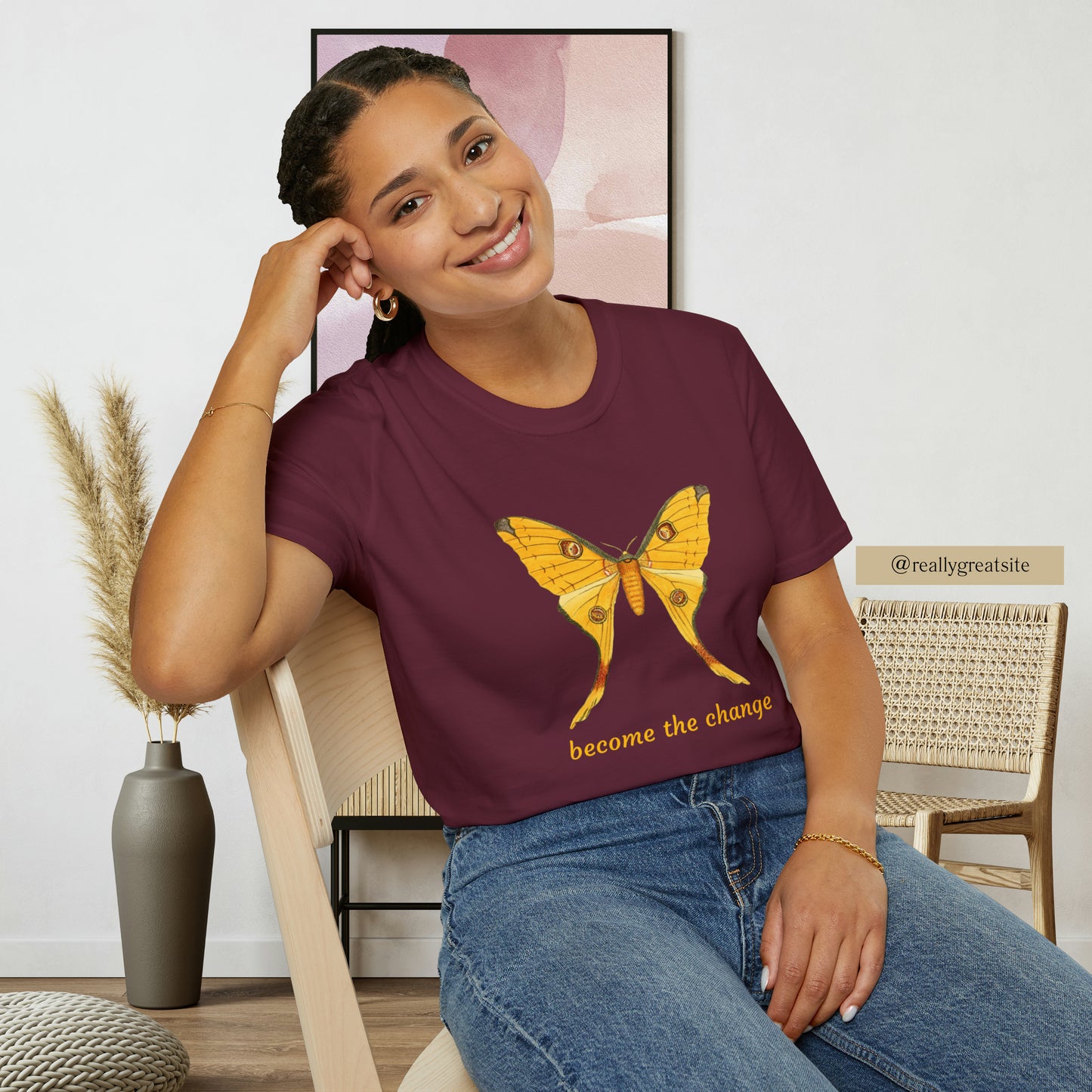 Beautiful butterfly “become the change” Unisex Softstyle T-Shirt design. A great and timeless message on a shirt.