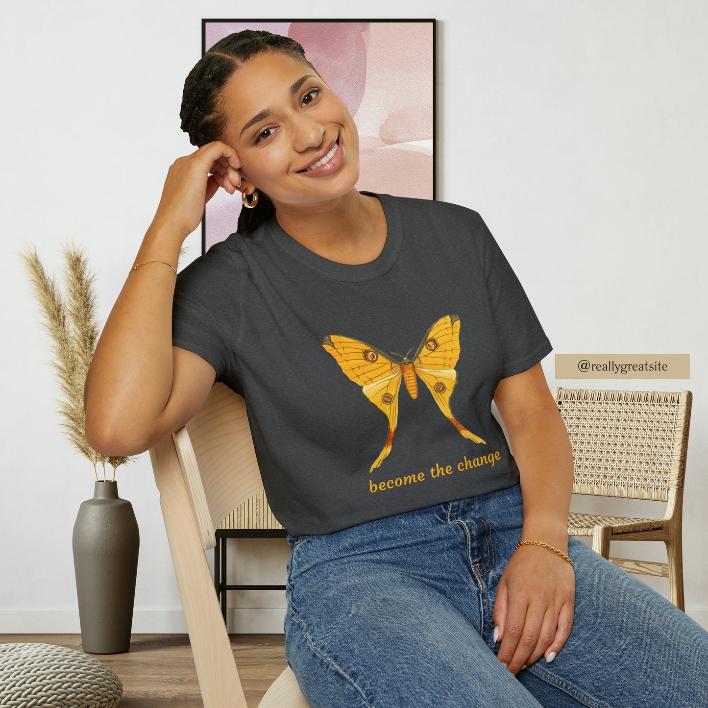 Beautiful butterfly “become the change” Unisex Softstyle T-Shirt design. A great and timeless message on a shirt.