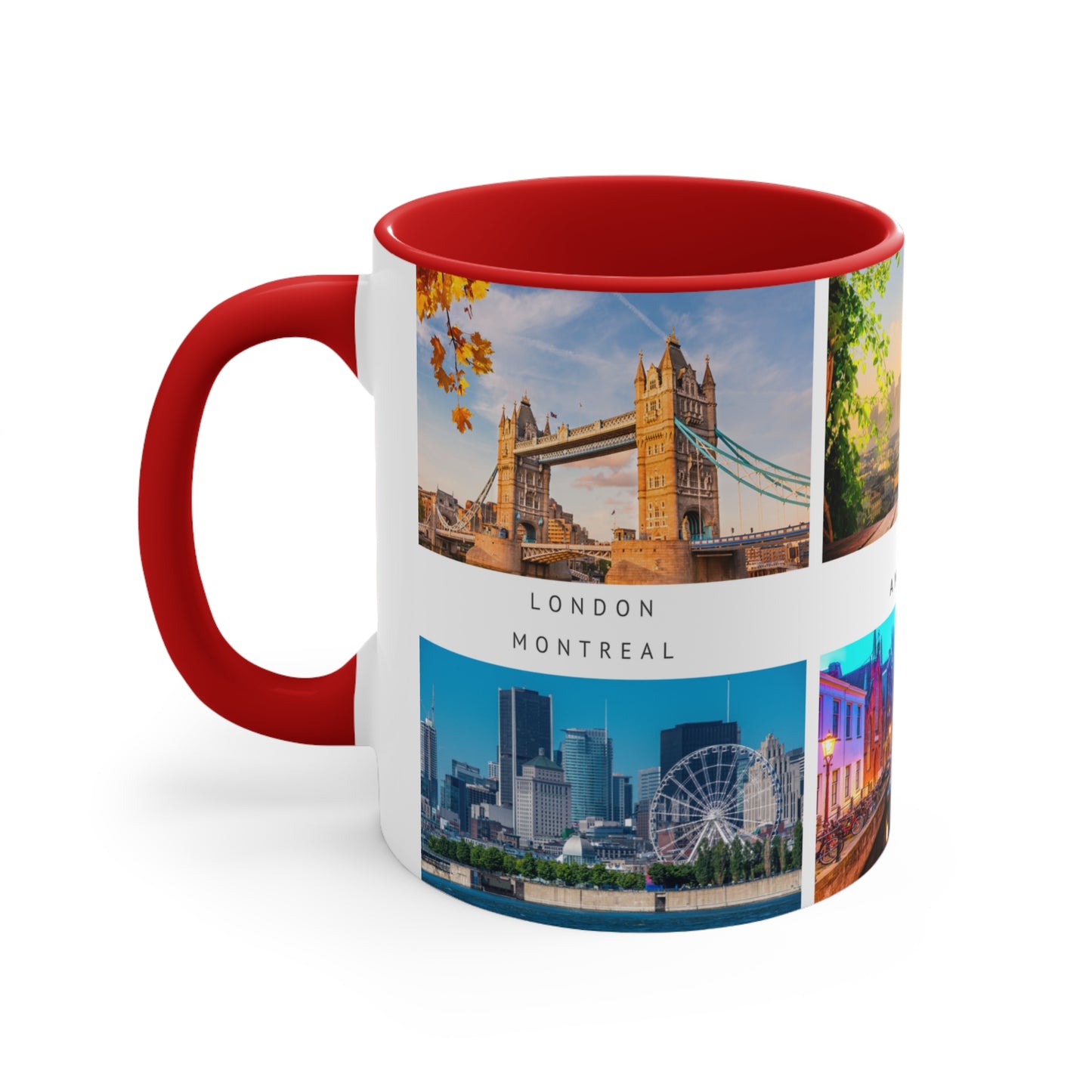 London, Montreal, Paris, Amsterdam, New York and Barcelona! This Travel Accent Coffee Mug is a part of a Travel Series for you to choose from. 11oz. Great as a gift or get one to enjoy yourself.