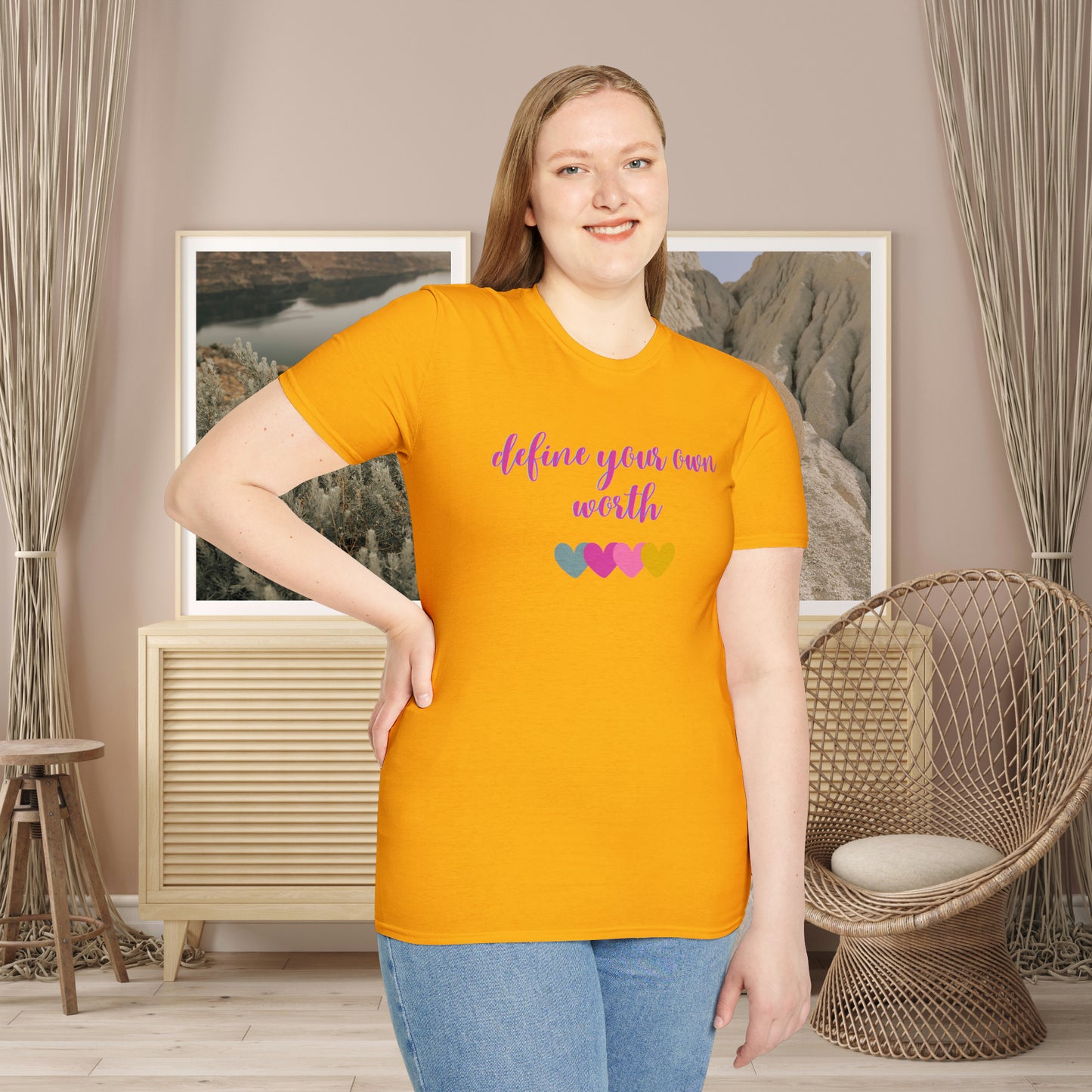 Motivational message to “define your own worth” instead of letting others do it for you on this Unisex Softstyle T-Shirt.