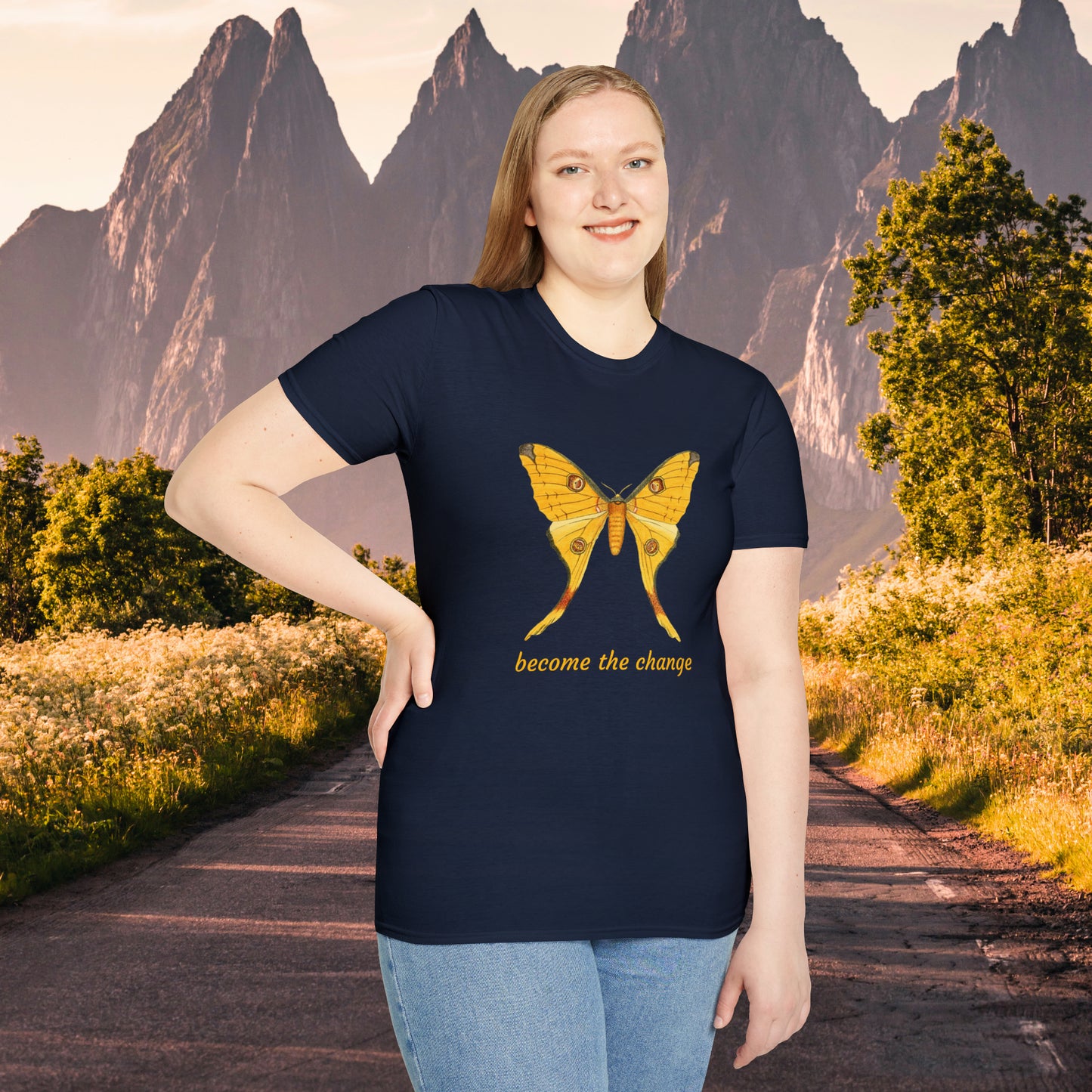 Beautiful butterfly “become the change” Unisex Softstyle T-Shirt design. A great and timeless message on a shirt.