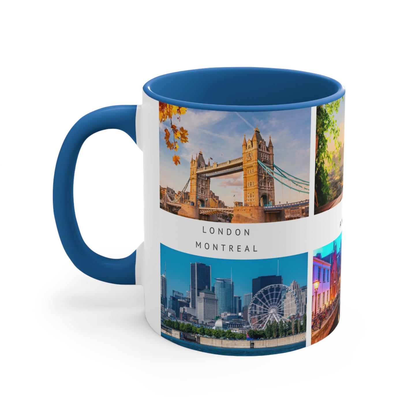 London, Montreal, Paris, Amsterdam, New York and Barcelona! This Travel Accent Coffee Mug is a part of a Travel Series for you to choose from. 11oz. Great as a gift or get one to enjoy yourself.