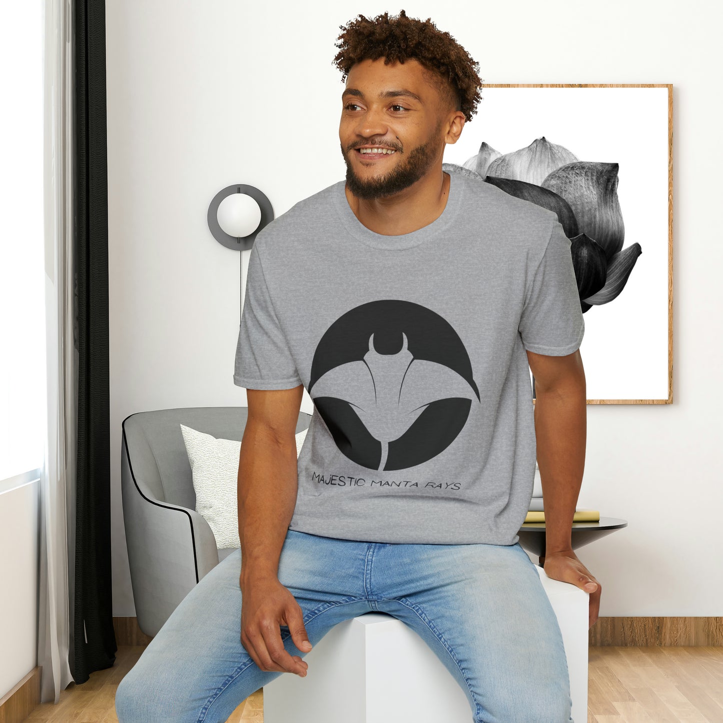 Black and white Majestic Manta Rays Design on this Unisex Softstyle T-Shirt. These giants seemingly fly through the water so gracefully, just watch and don’t touch.