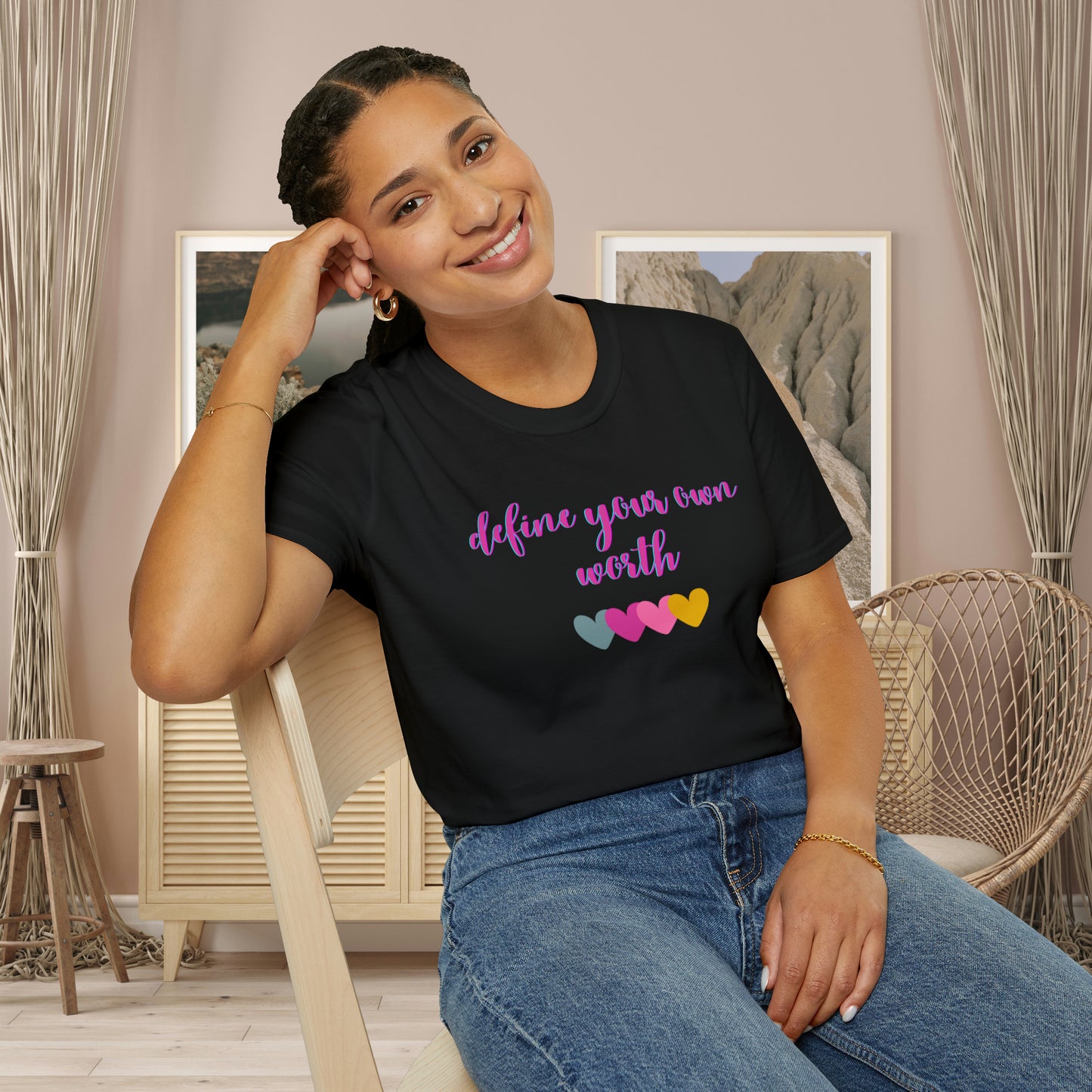 Motivational message to “define your own worth” instead of letting others do it for you on this Unisex Softstyle T-Shirt.