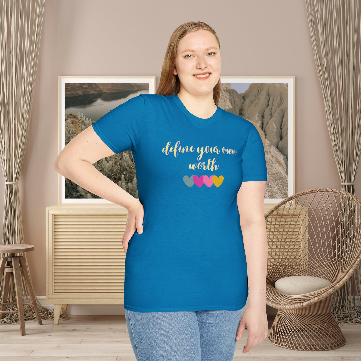 Motivational message to “define your own worth” instead of letting others do it for you on this Unisex Softstyle T-Shirt.