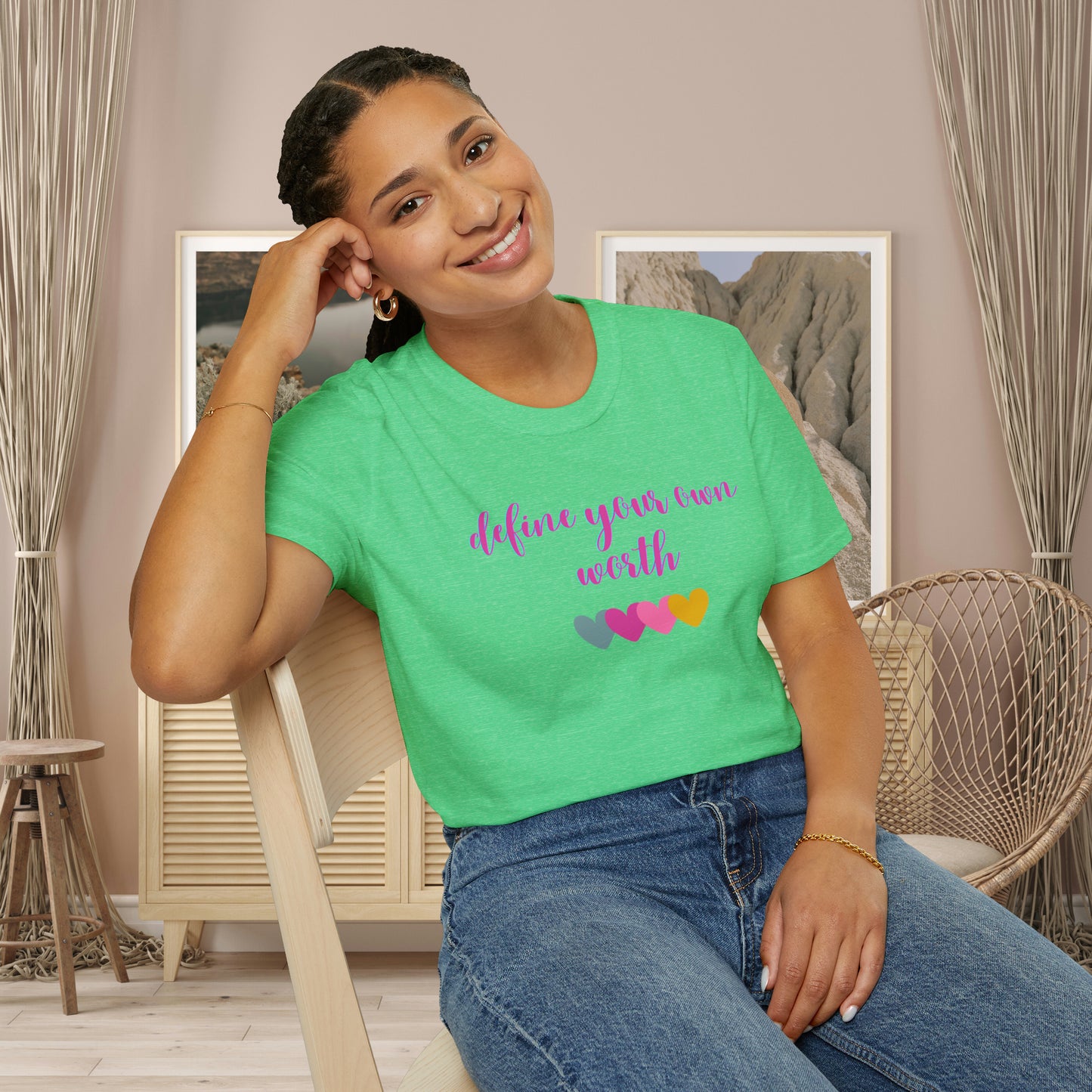 Motivational message to “define your own worth” instead of letting others do it for you on this Unisex Softstyle T-Shirt.