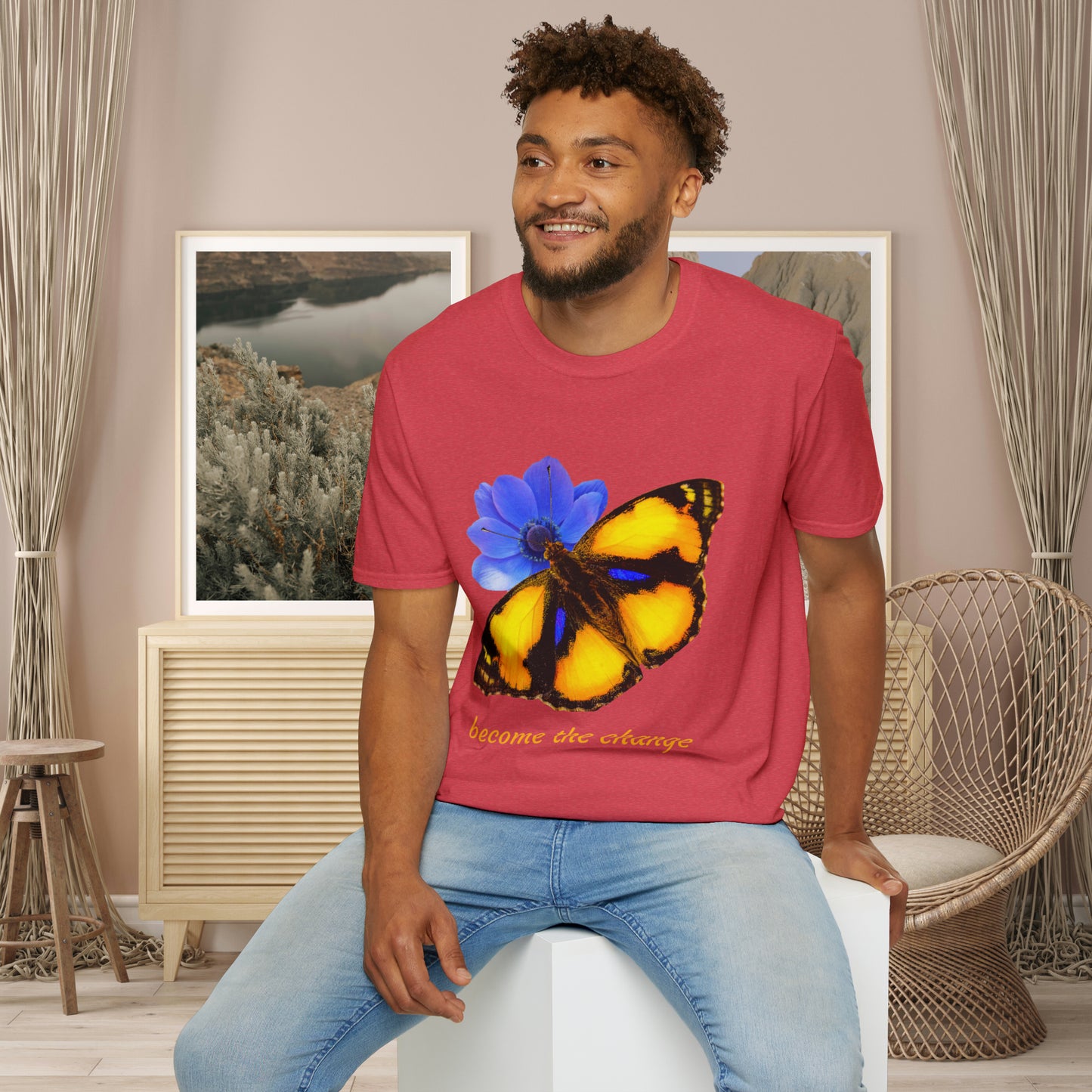 Beautiful “become the change" Unisex Softstyle T-Shirt butterfly design. Great as a gift or get one for yourself.