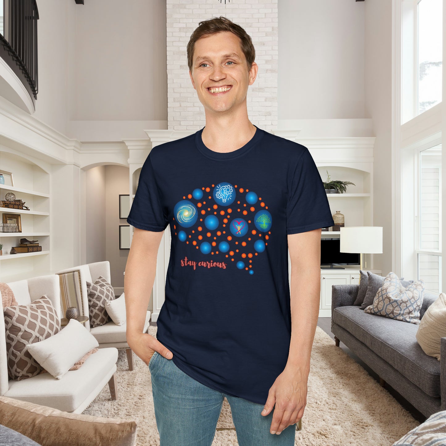 A beautiful brain and “stay curious” message are on this Unisex Softstyle T-Shirt design.