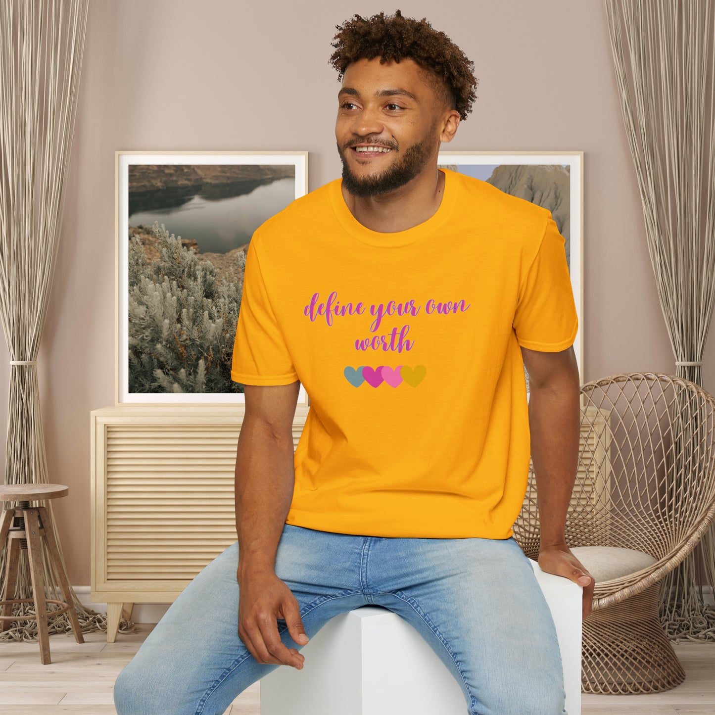 Motivational message to “define your own worth” instead of letting others do it for you on this Unisex Softstyle T-Shirt.