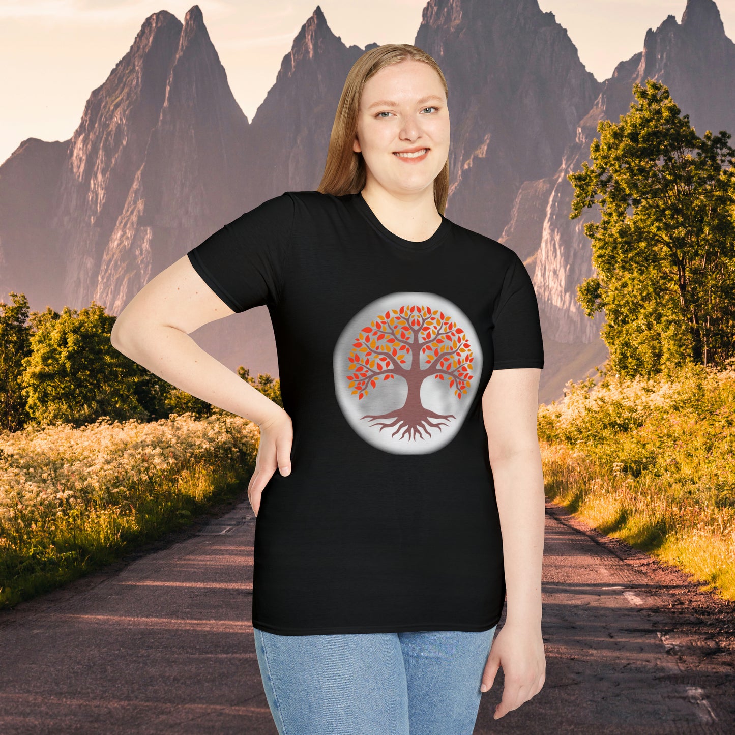 Beautifully strong tree with the moon as its backdrop on this Unisex Softstyle T-Shirt.