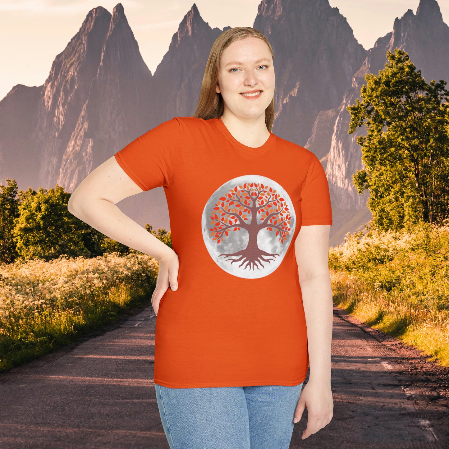 Beautifully strong tree with the moon as its backdrop on this Unisex Softstyle T-Shirt.