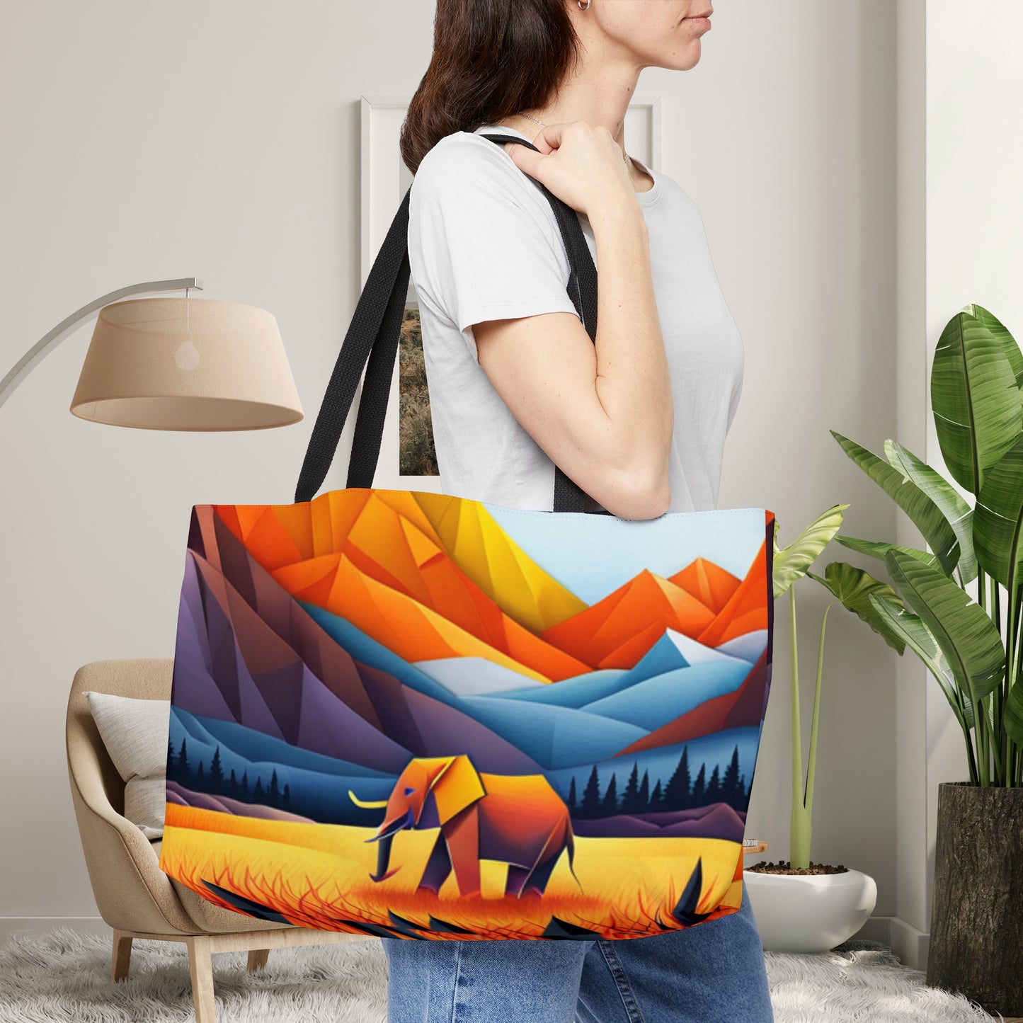 Colorful mountains with an elephant inspired Origami style design on this Weekender Tote Bag.