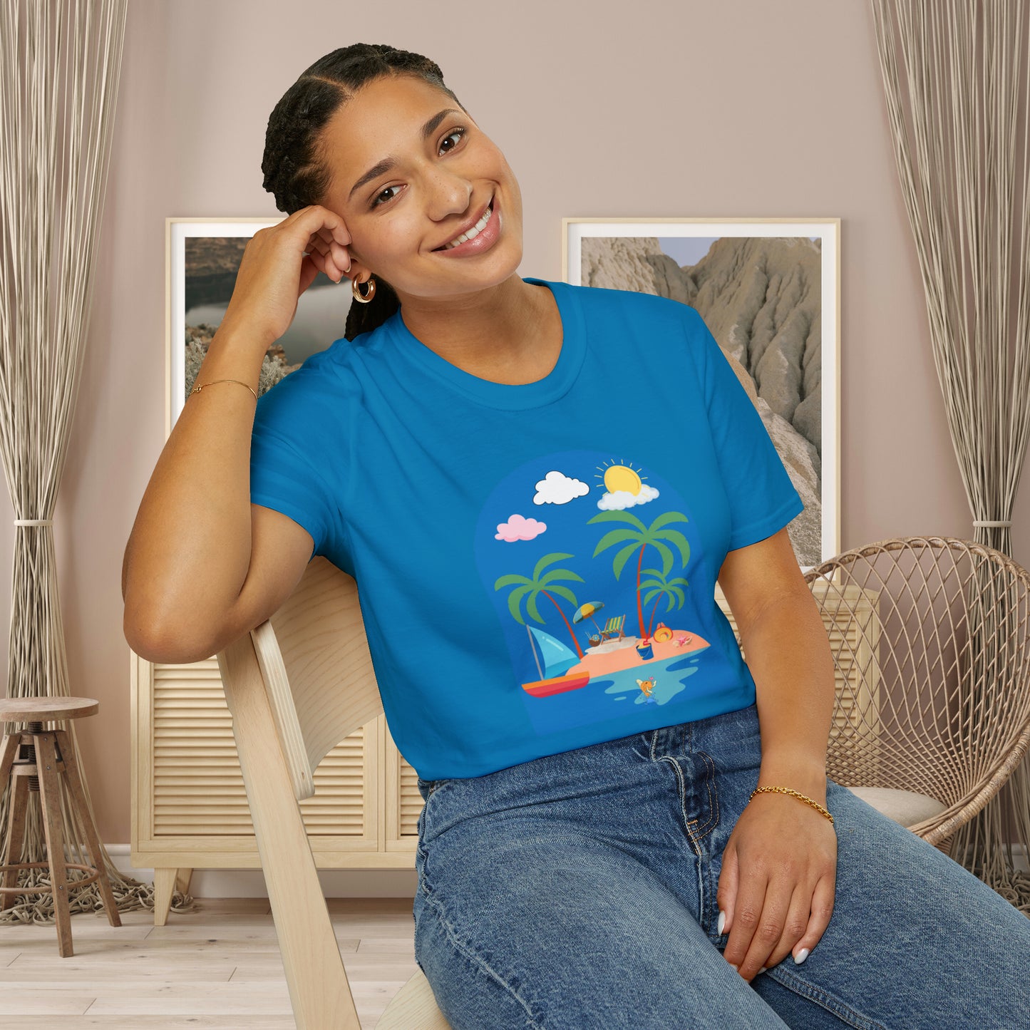 Do you smile when you think of being on an island with the sun, sand and breeze embracing you? This Unisex Softstyle T-Shirt is made for that beach loving person.