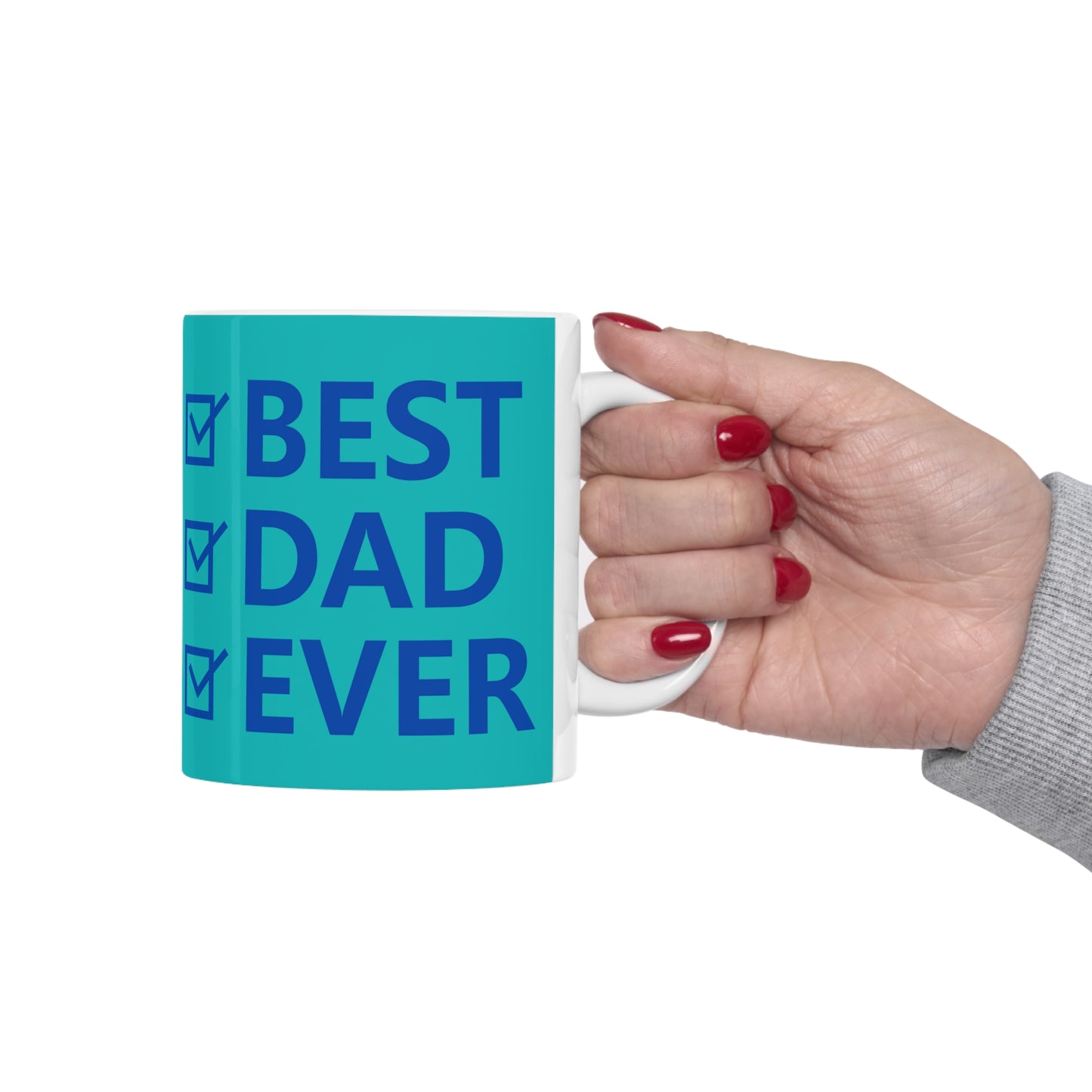 “BEST DAD EVER” on one side and dad happily playing basketball with his son. Part of several mugs to choose from depending on what resonates with you.