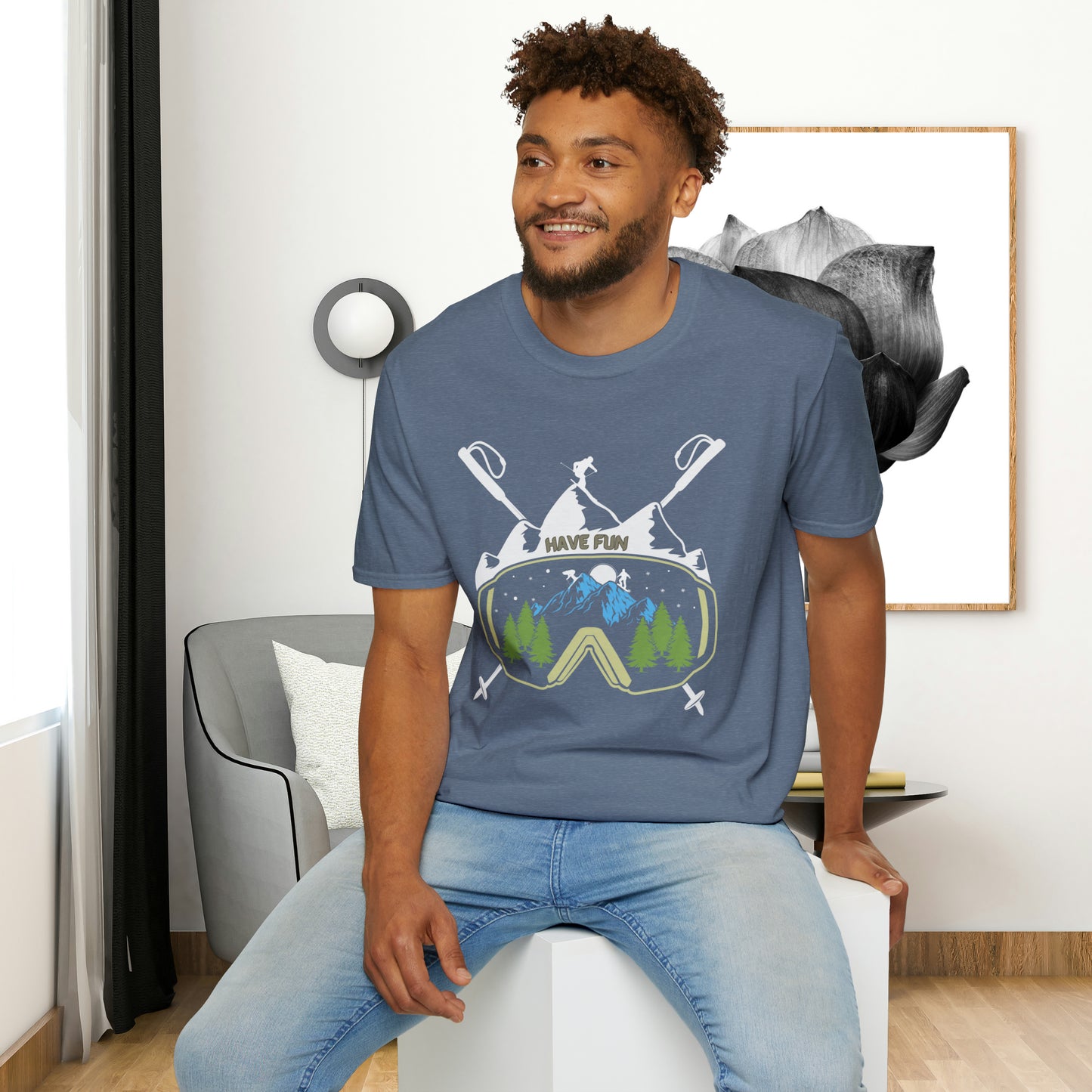 Winter fun! Go ski, snowboard and enjoy all that powder! This is a Unisex Softstyle T-Shirt.