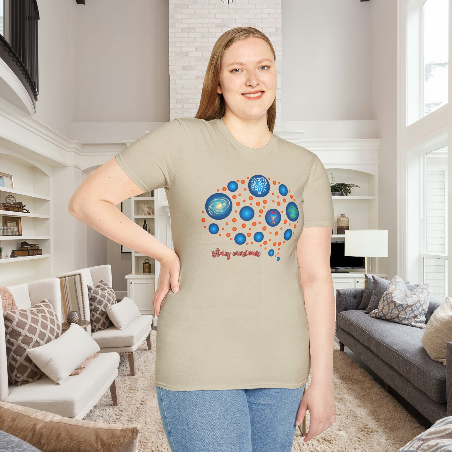 A beautiful brain and “stay curious” message are on this Unisex Softstyle T-Shirt design.