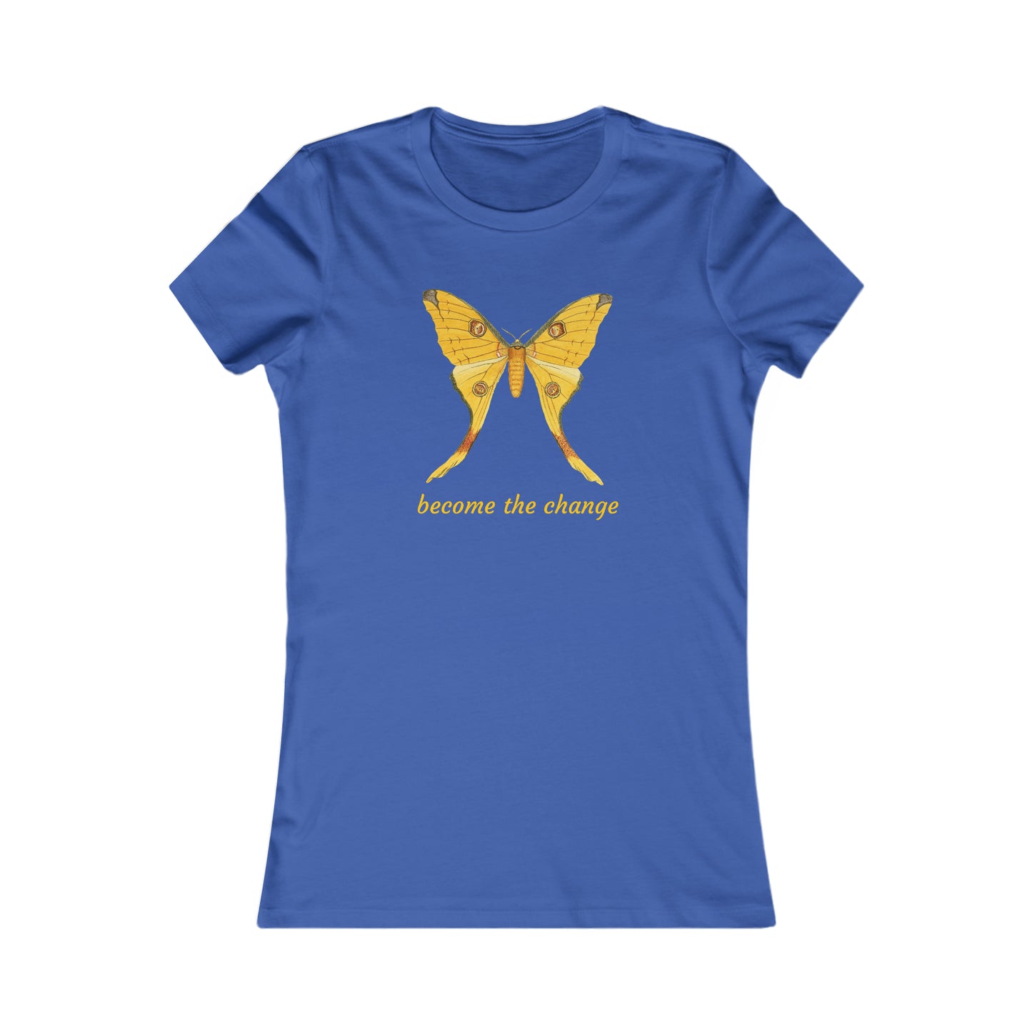 A beautiful butterfly with “become the change” message on this Women's Favorite Tee. Slim fit so please check the size table.