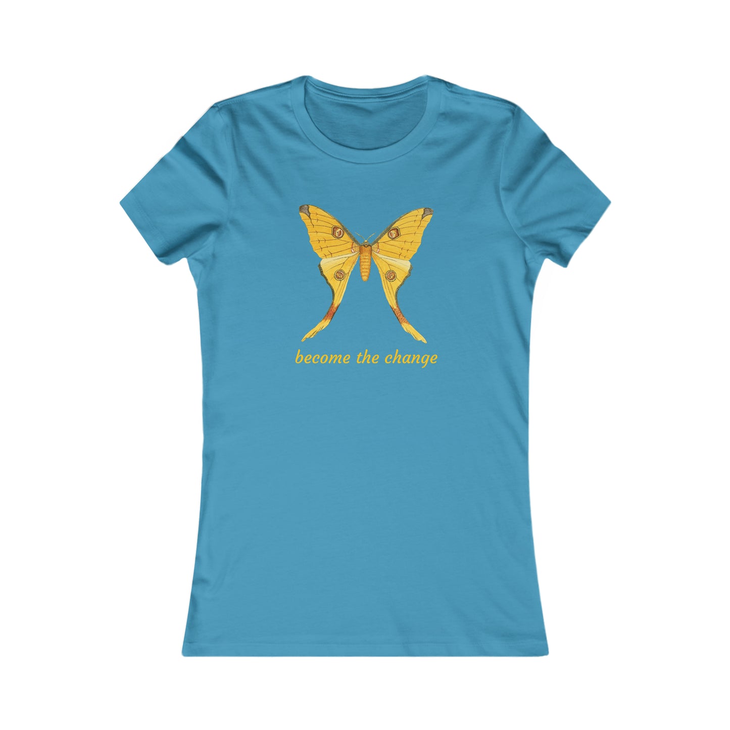 A beautiful butterfly with “become the change” message on this Women's Favorite Tee. Slim fit so please check the size table.