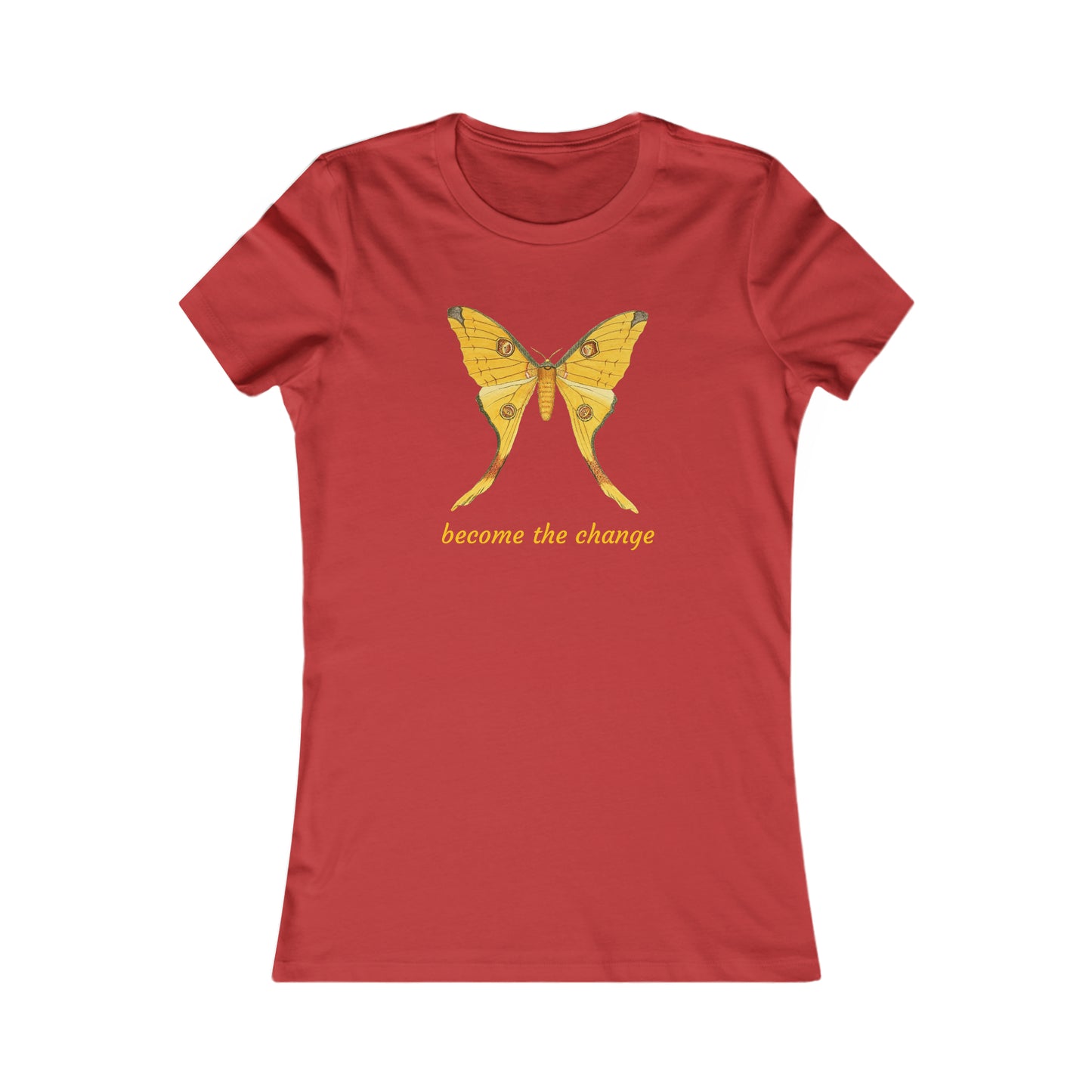 A beautiful butterfly with “become the change” message on this Women's Favorite Tee. Slim fit so please check the size table.