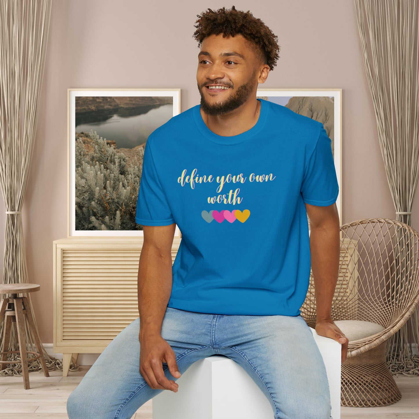 Motivational message to “define your own worth” instead of letting others do it for you on this Unisex Softstyle T-Shirt.