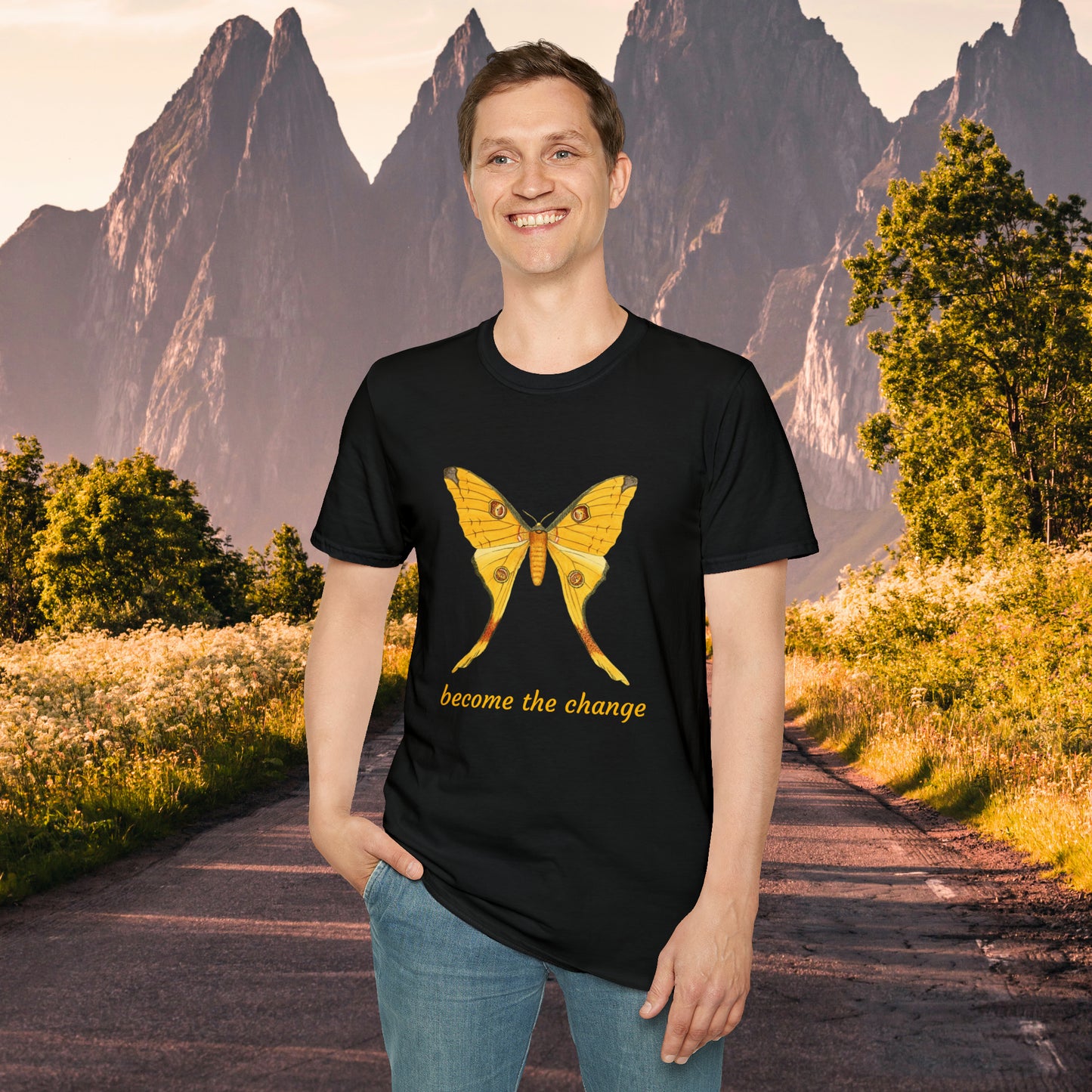 Beautiful butterfly “become the change” Unisex Softstyle T-Shirt design. A great and timeless message on a shirt.