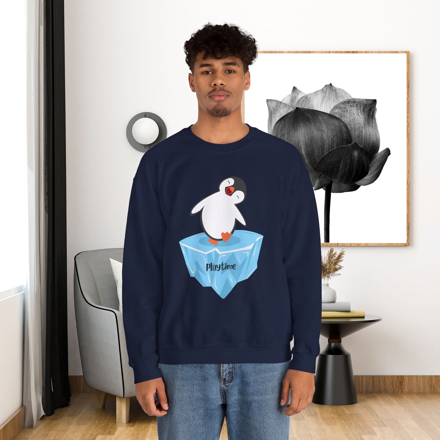 Crewneck Sweatshirt - Playtime Cute Happy Penguin on Iceberg Design