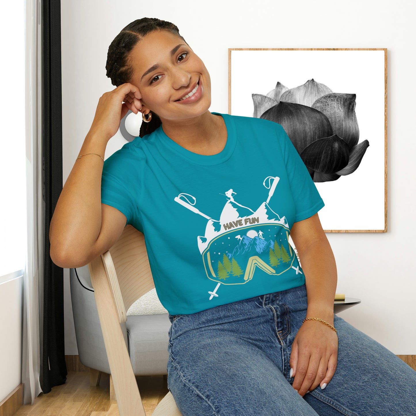 Winter fun! Go ski, snowboard and enjoy all that powder! This is a Unisex Softstyle T-Shirt.