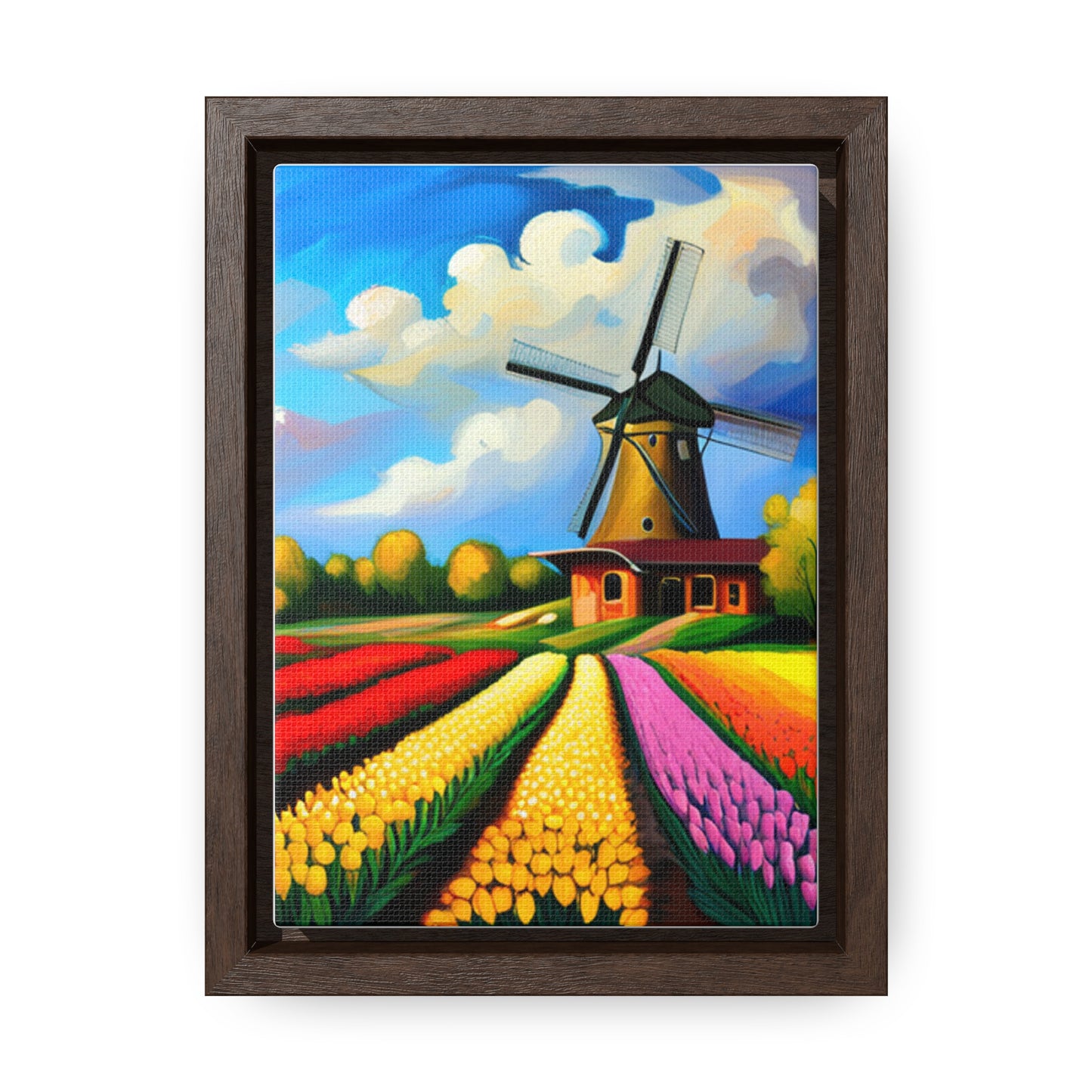 A Dutch windmill with a field of tulips inspired this design on this gallery canvas wrap with vertical frame. Sizes vary.