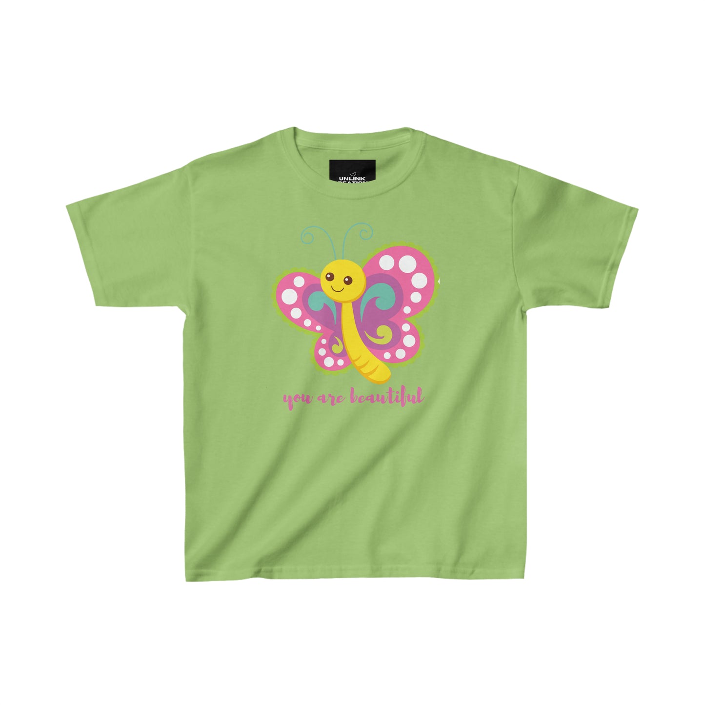 A cute butterfly reminding you that “you are beautiful” makes this Kids Heavy Cotton™ Tee a fun one to wear!