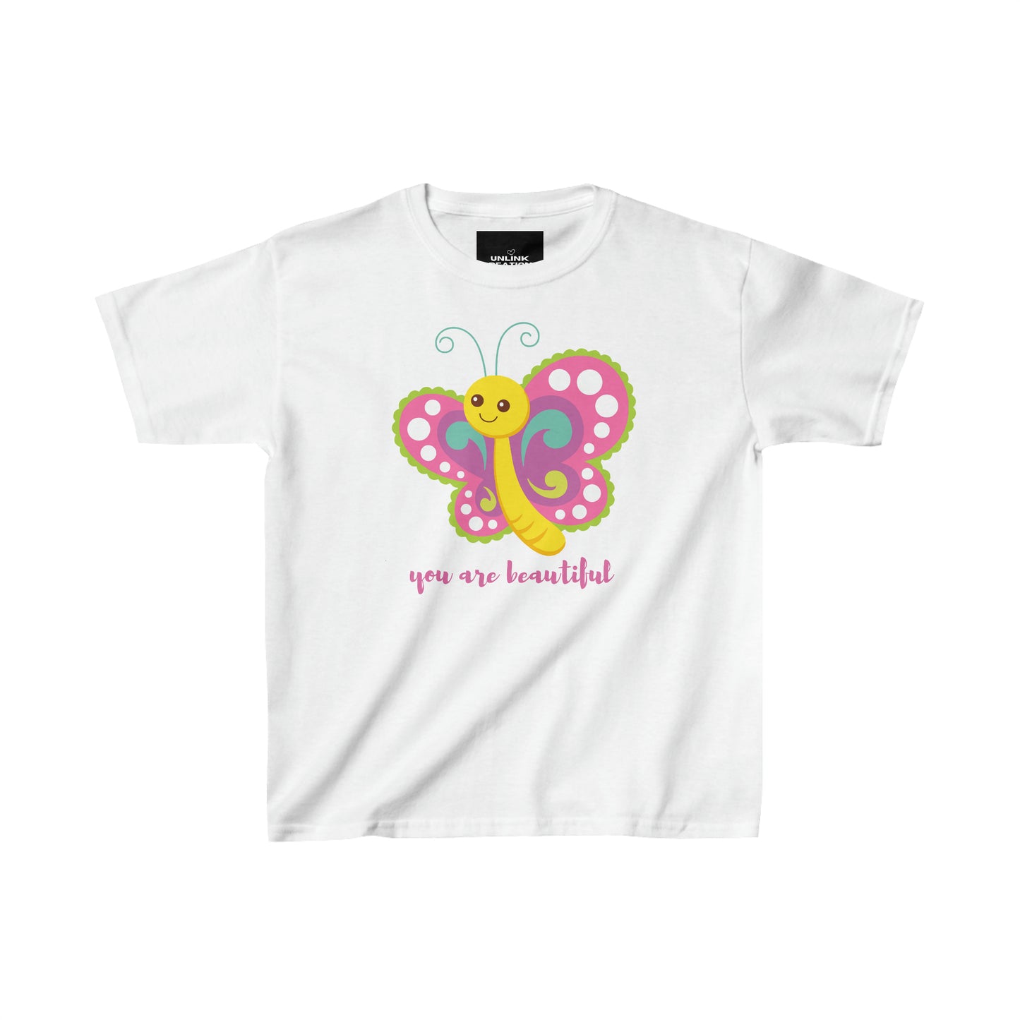 A cute butterfly reminding you that “you are beautiful” makes this Kids Heavy Cotton™ Tee a fun one to wear!