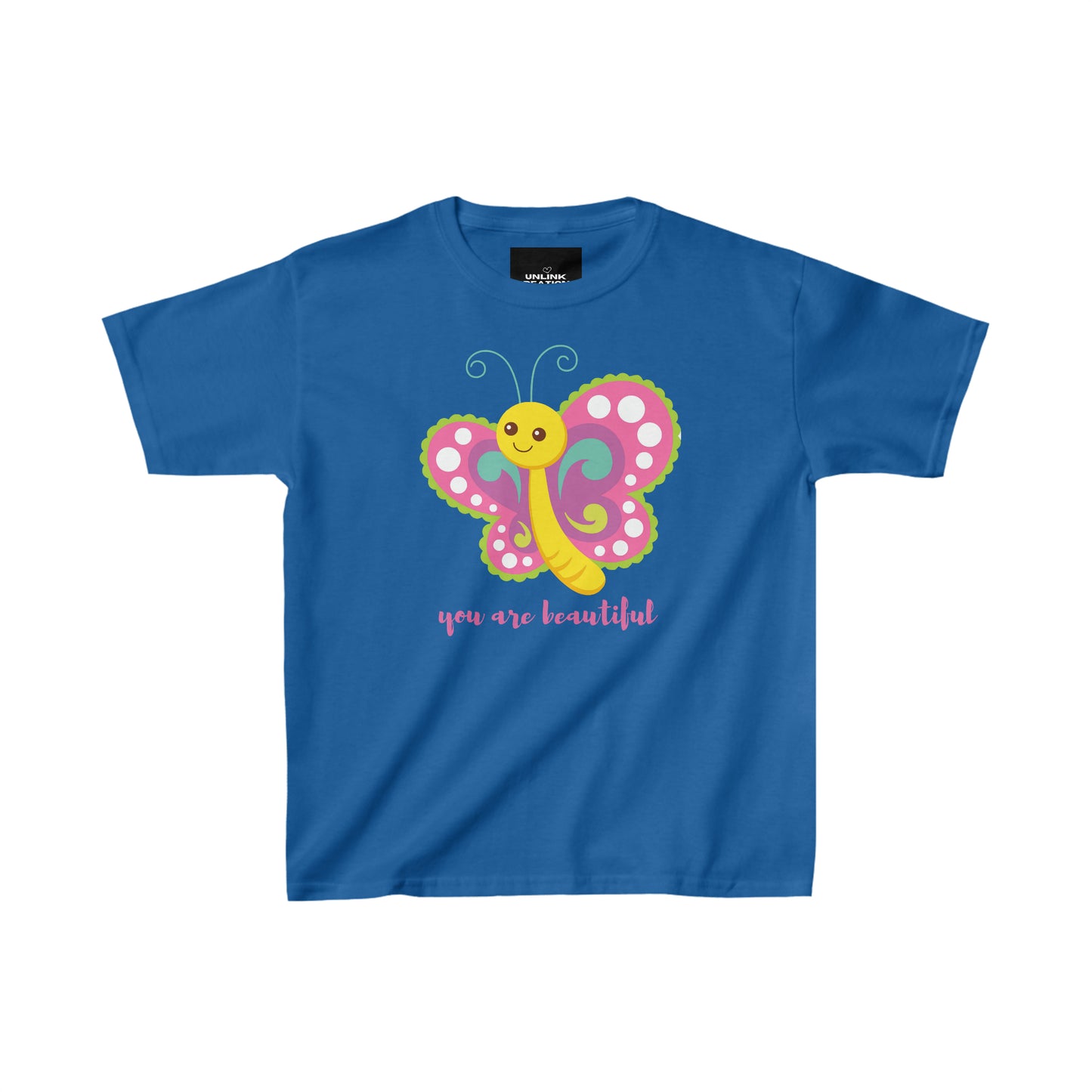 A cute butterfly reminding you that “you are beautiful” makes this Kids Heavy Cotton™ Tee a fun one to wear!