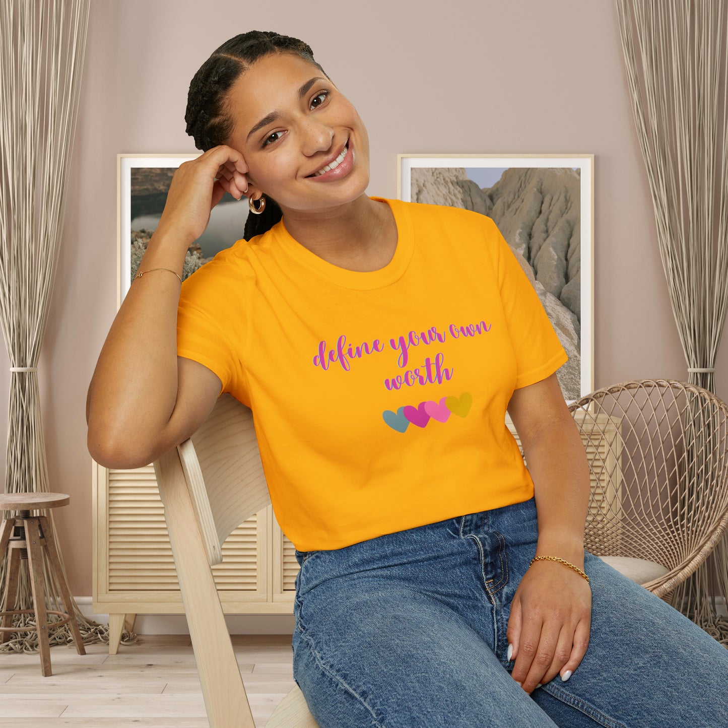 Motivational message to “define your own worth” instead of letting others do it for you on this Unisex Softstyle T-Shirt.