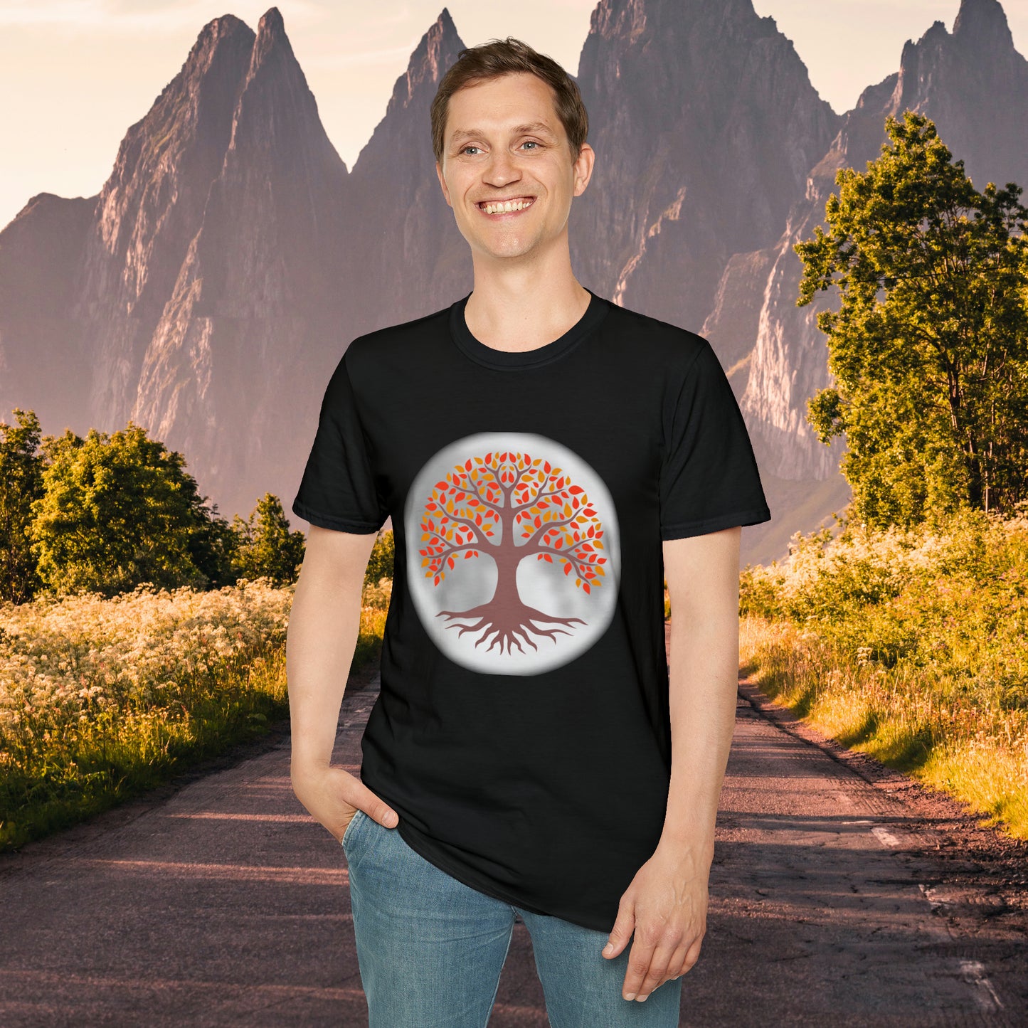 Beautifully strong tree with the moon as its backdrop on this Unisex Softstyle T-Shirt.