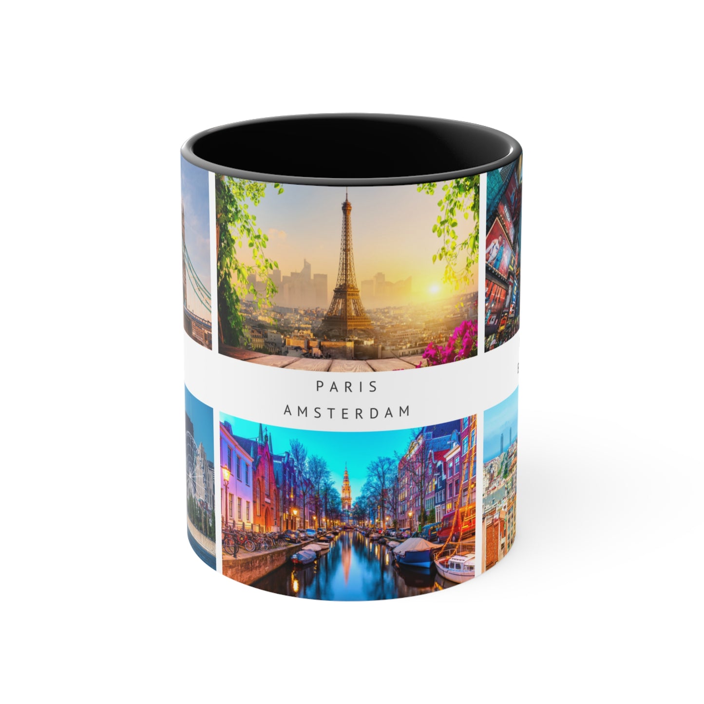 London, Montreal, Paris, Amsterdam, New York and Barcelona! This Travel Accent Coffee Mug is a part of a Travel Series for you to choose from. 11oz. Great as a gift or get one to enjoy yourself.