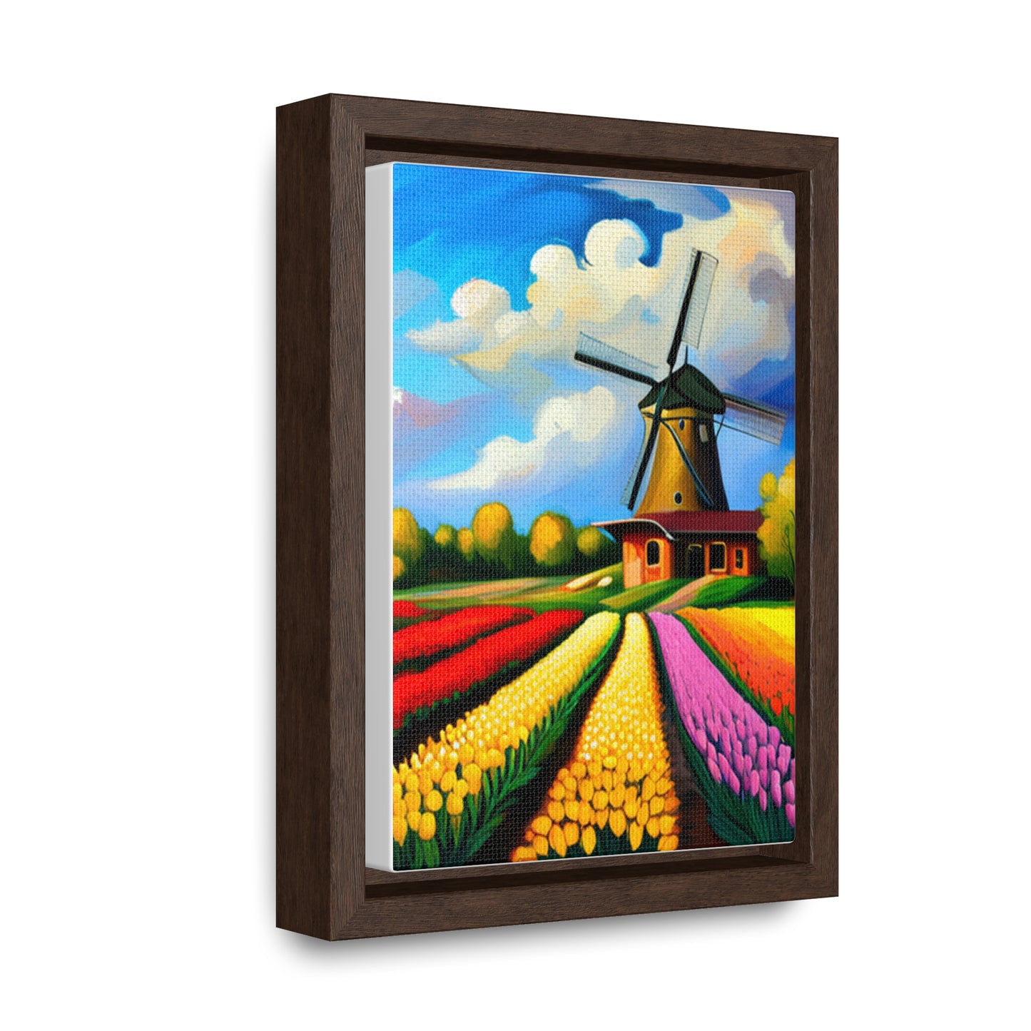 A Dutch windmill with a field of tulips inspired this design on this gallery canvas wrap with vertical frame. Sizes vary.