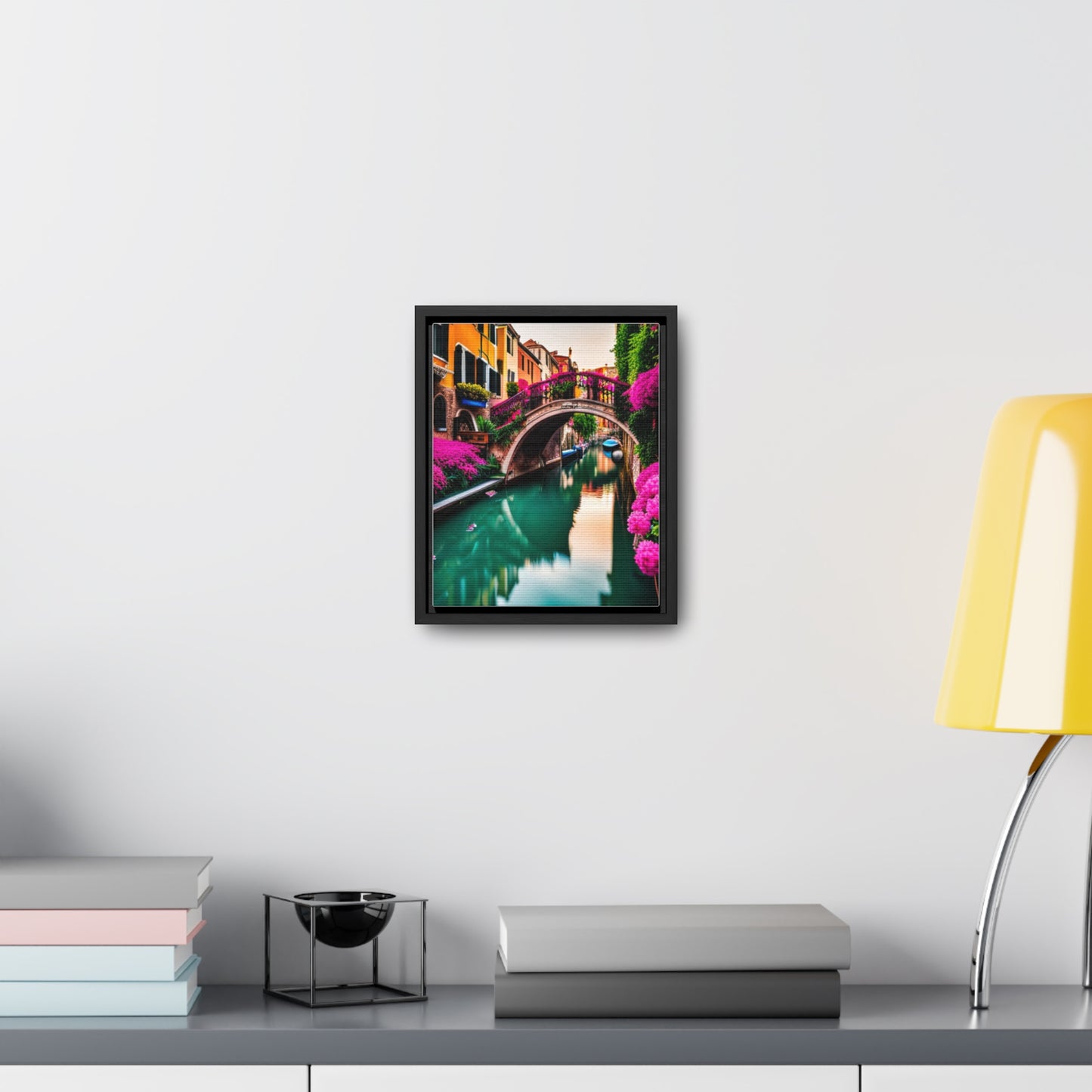 A colorful Venice inspired depiction on this gallery canvas wrap with vertical frame. Sizes vary.