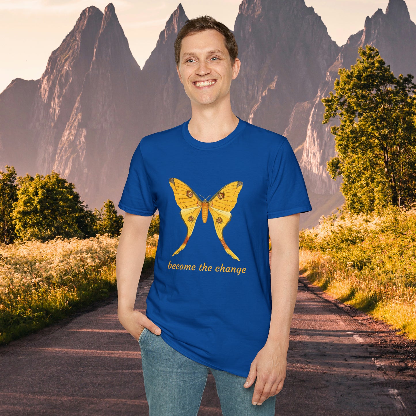 Beautiful butterfly “become the change” Unisex Softstyle T-Shirt design. A great and timeless message on a shirt.