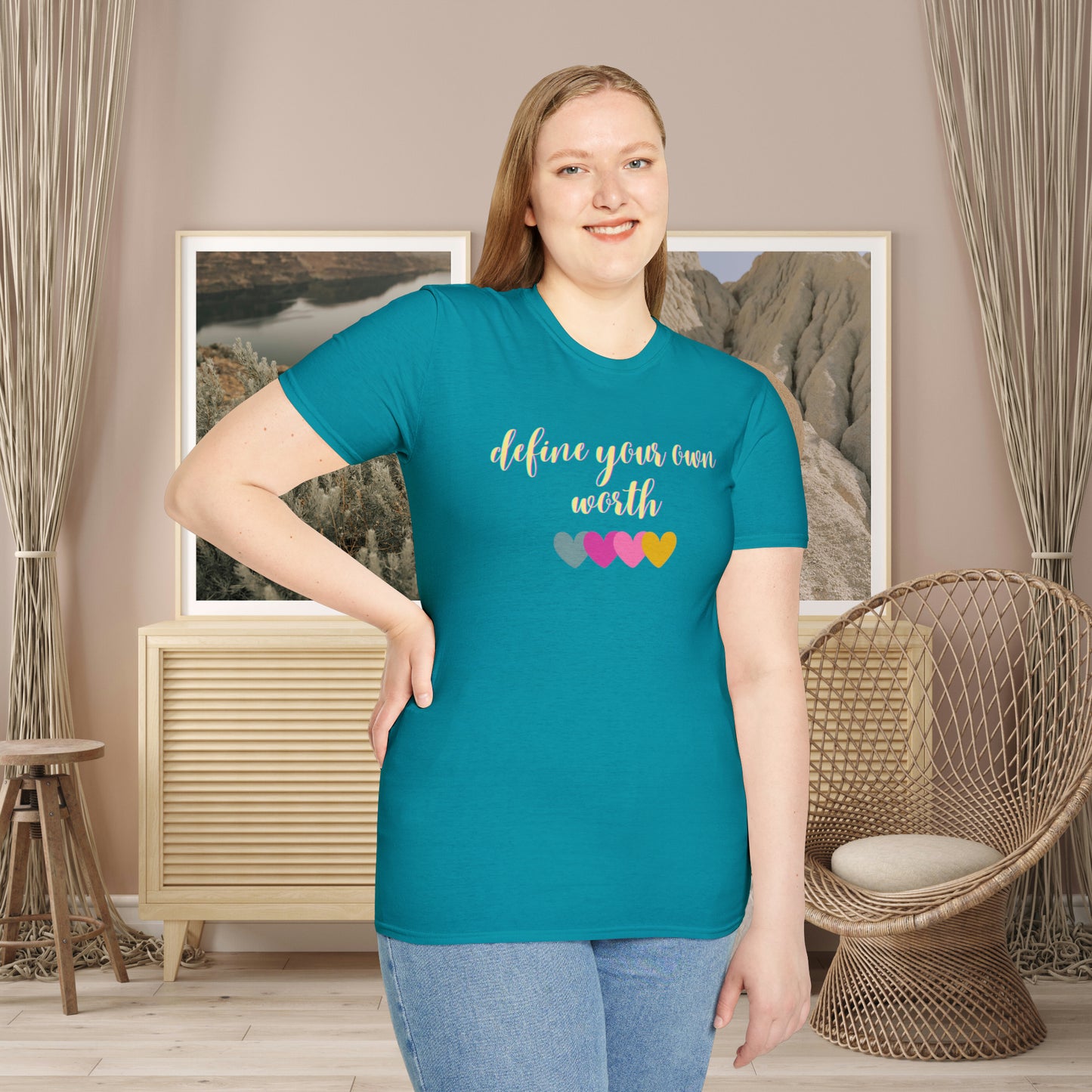 Motivational message to “define your own worth” instead of letting others do it for you on this Unisex Softstyle T-Shirt.