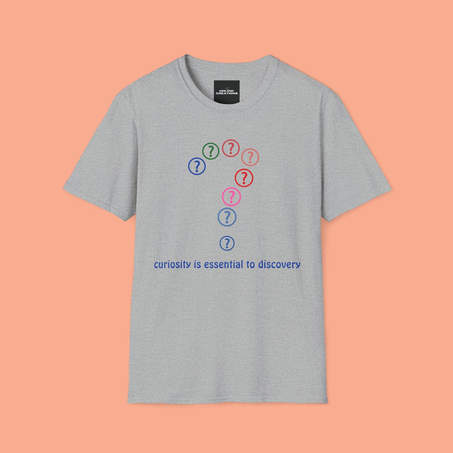 A question mark made of question marks above “curiosity is essential to discovery” message design on this Unisex Softstyle T-Shirt design.