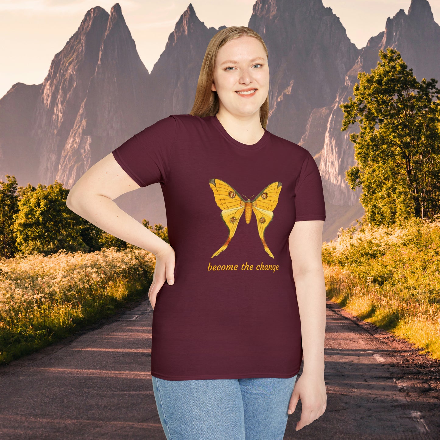 Beautiful butterfly “become the change” Unisex Softstyle T-Shirt design. A great and timeless message on a shirt.