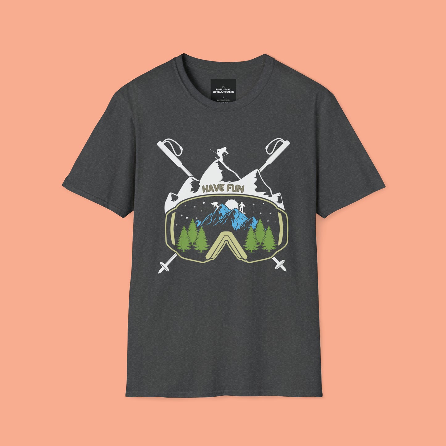 Winter fun! Go ski, snowboard and enjoy all that powder! This is a Unisex Softstyle T-Shirt.