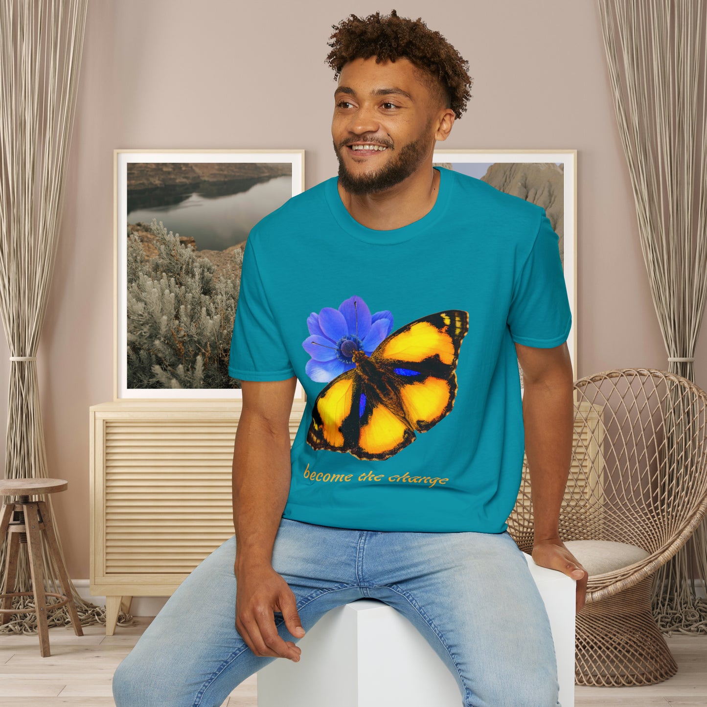 Beautiful “become the change" Unisex Softstyle T-Shirt butterfly design. Great as a gift or get one for yourself.