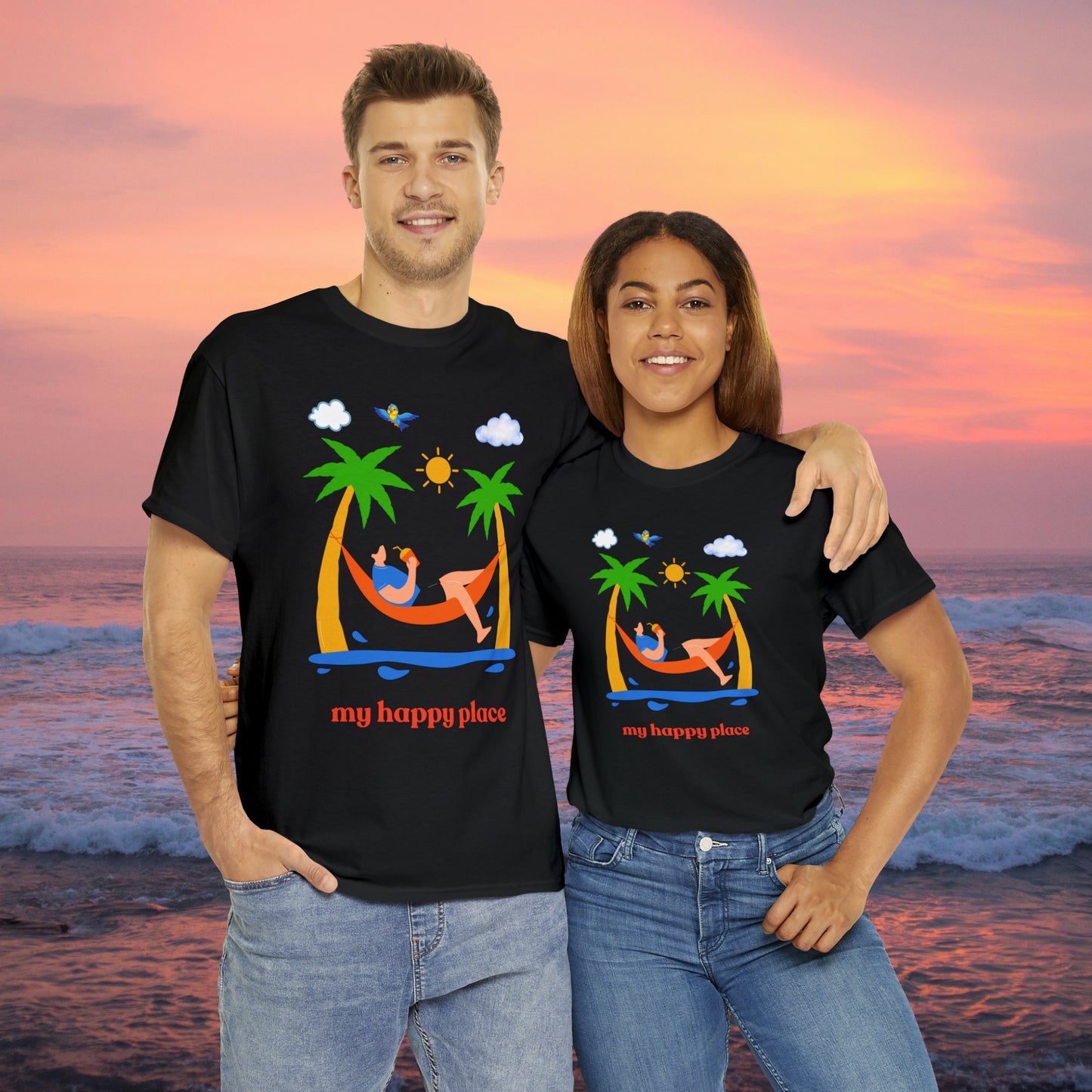 Is the beach your happy place? This is the shirt for you if it is. This Unisex Heavy Cotton Tee makes for a great gift or get one to enjoy yourself.