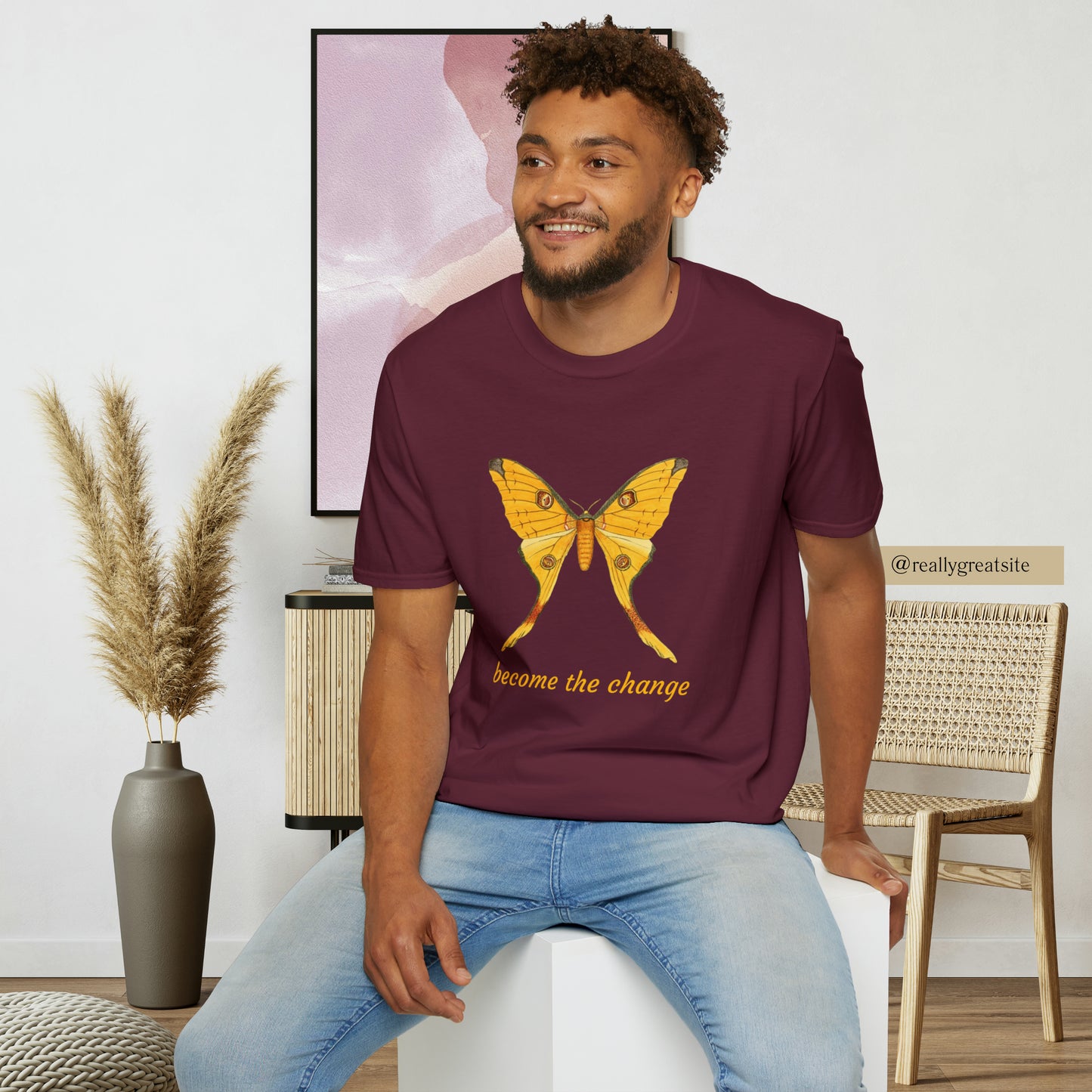Beautiful butterfly “become the change” Unisex Softstyle T-Shirt design. A great and timeless message on a shirt.