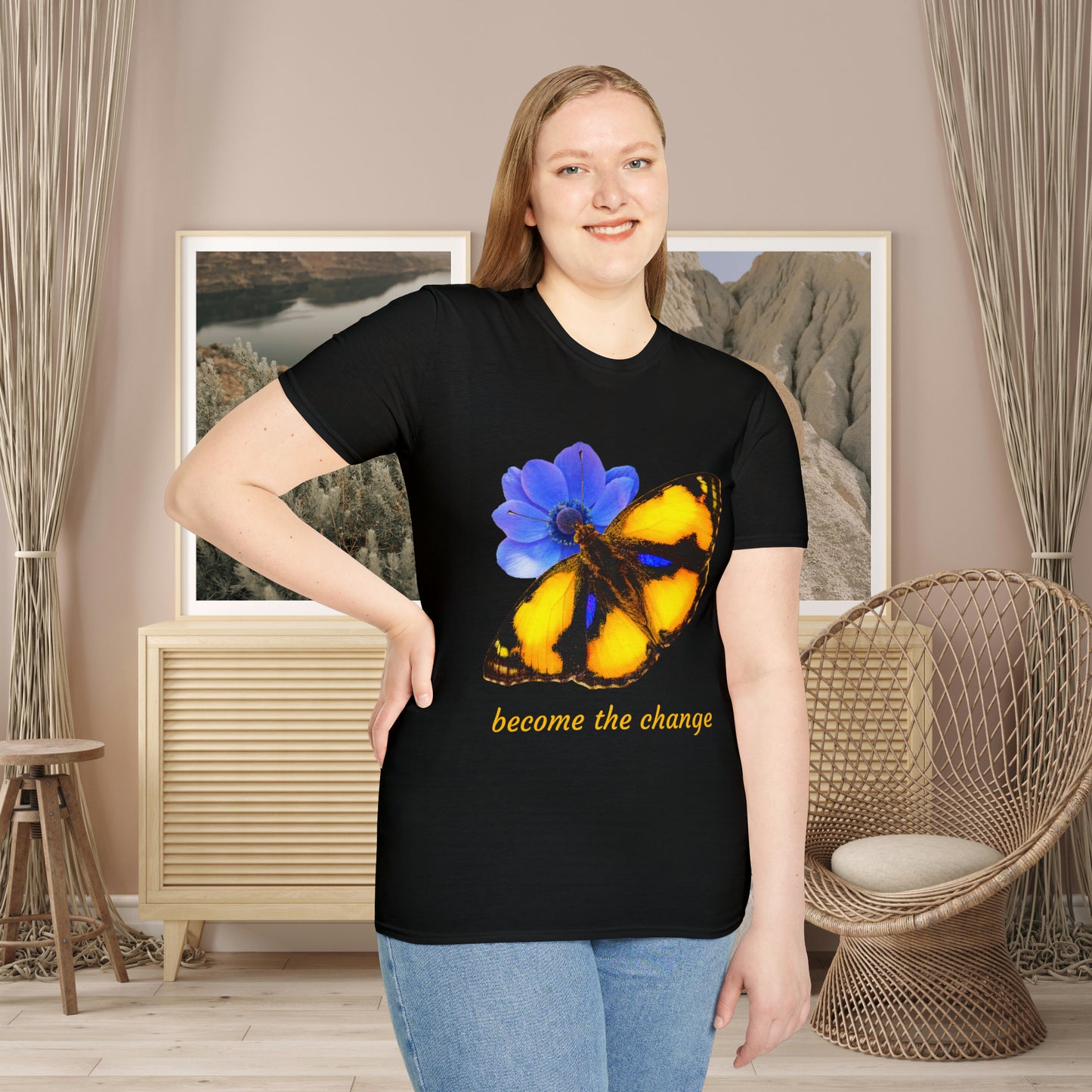Beautiful “become the change" Unisex Softstyle T-Shirt butterfly design. Great as a gift or get one for yourself.