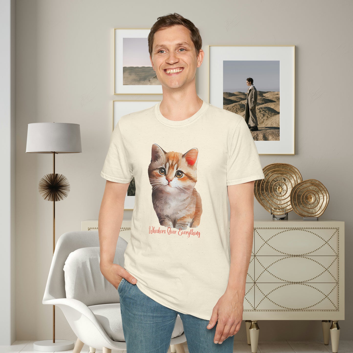 A cute cat with “Whiskers over everything” below it on this Unisex Softstyle T-Shirt. Cat lovers get this.
