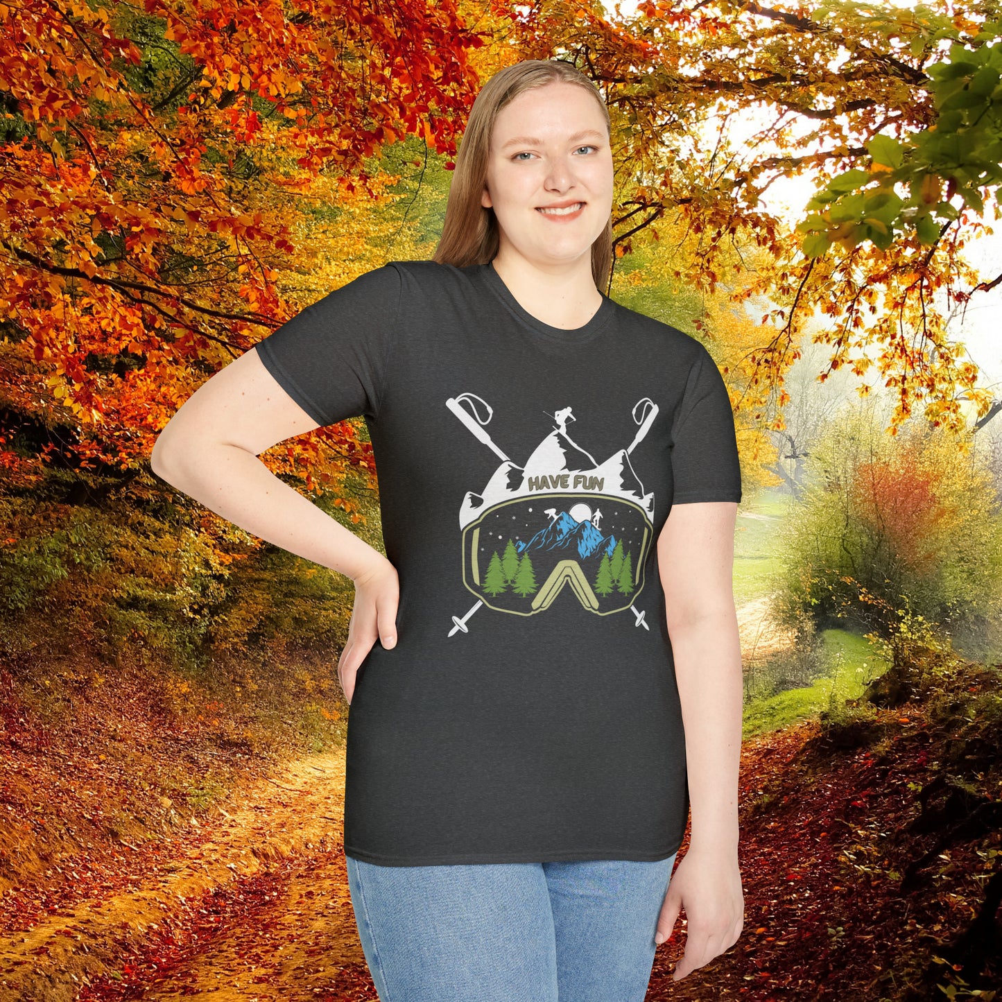 Winter fun! Go ski, snowboard and enjoy all that powder! This is a Unisex Softstyle T-Shirt.